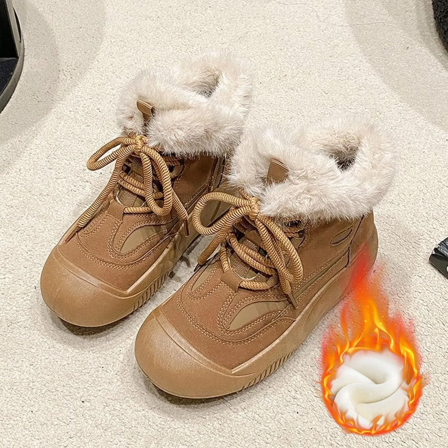 Ankle Boots for Women Comfy Fur Boots for Women Winter Padded Furry Flat Shoes Hundred Casual Lace Pp Warm Boots