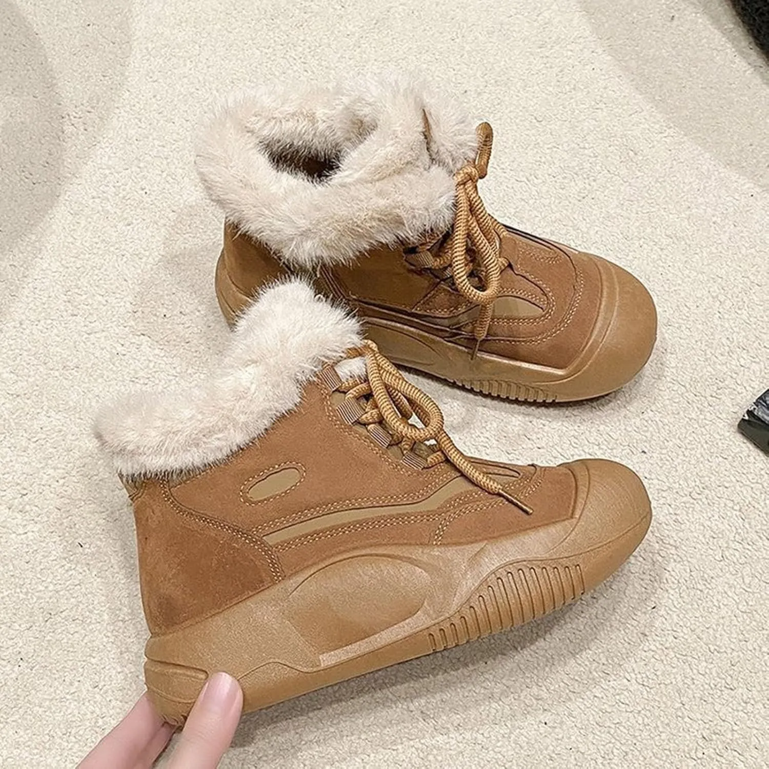 Ankle Boots for Women Comfy Fur Boots for Women Winter Padded Furry Flat Shoes Hundred Casual Lace Pp Warm Boots