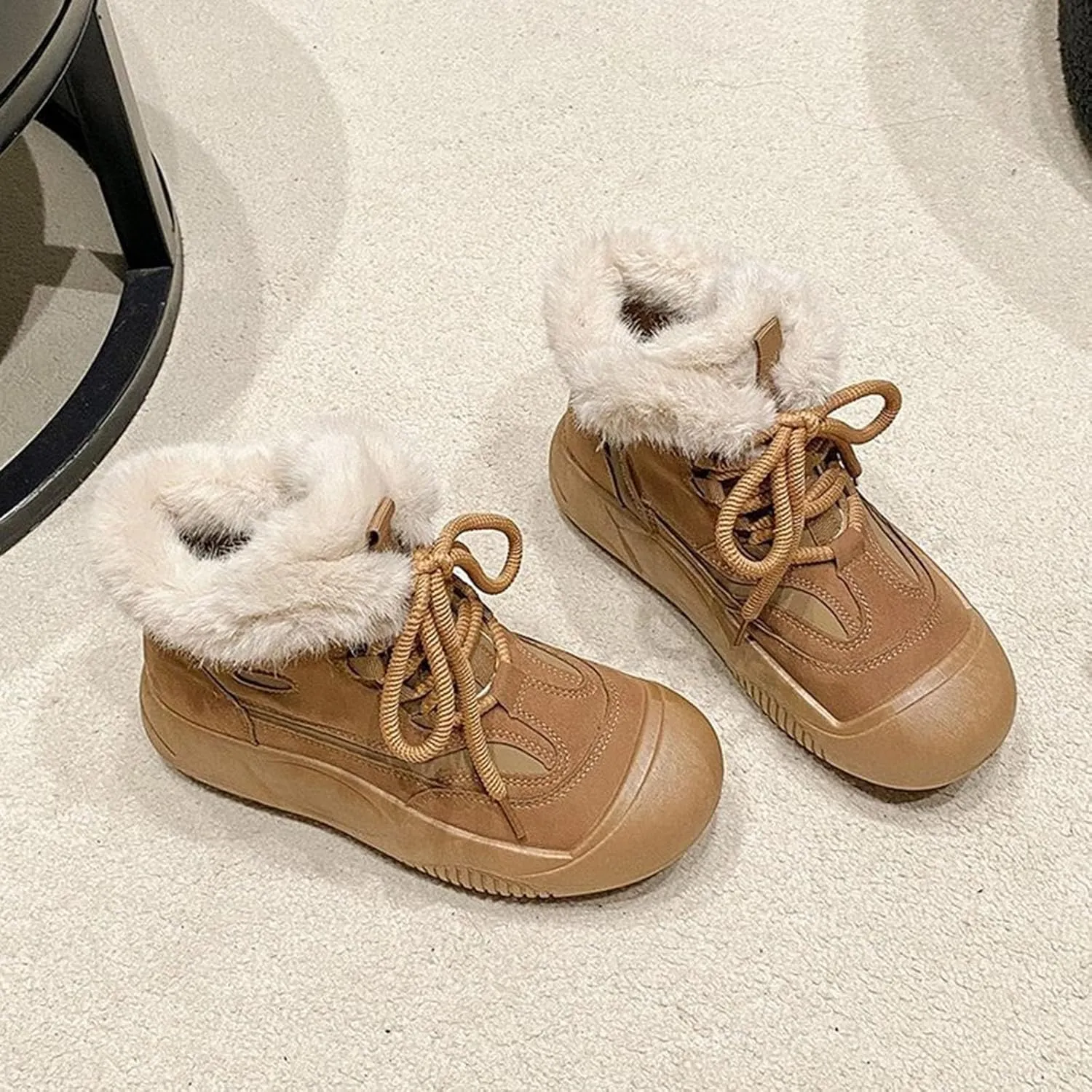 Ankle Boots for Women Comfy Fur Boots for Women Winter Padded Furry Flat Shoes Hundred Casual Lace Pp Warm Boots