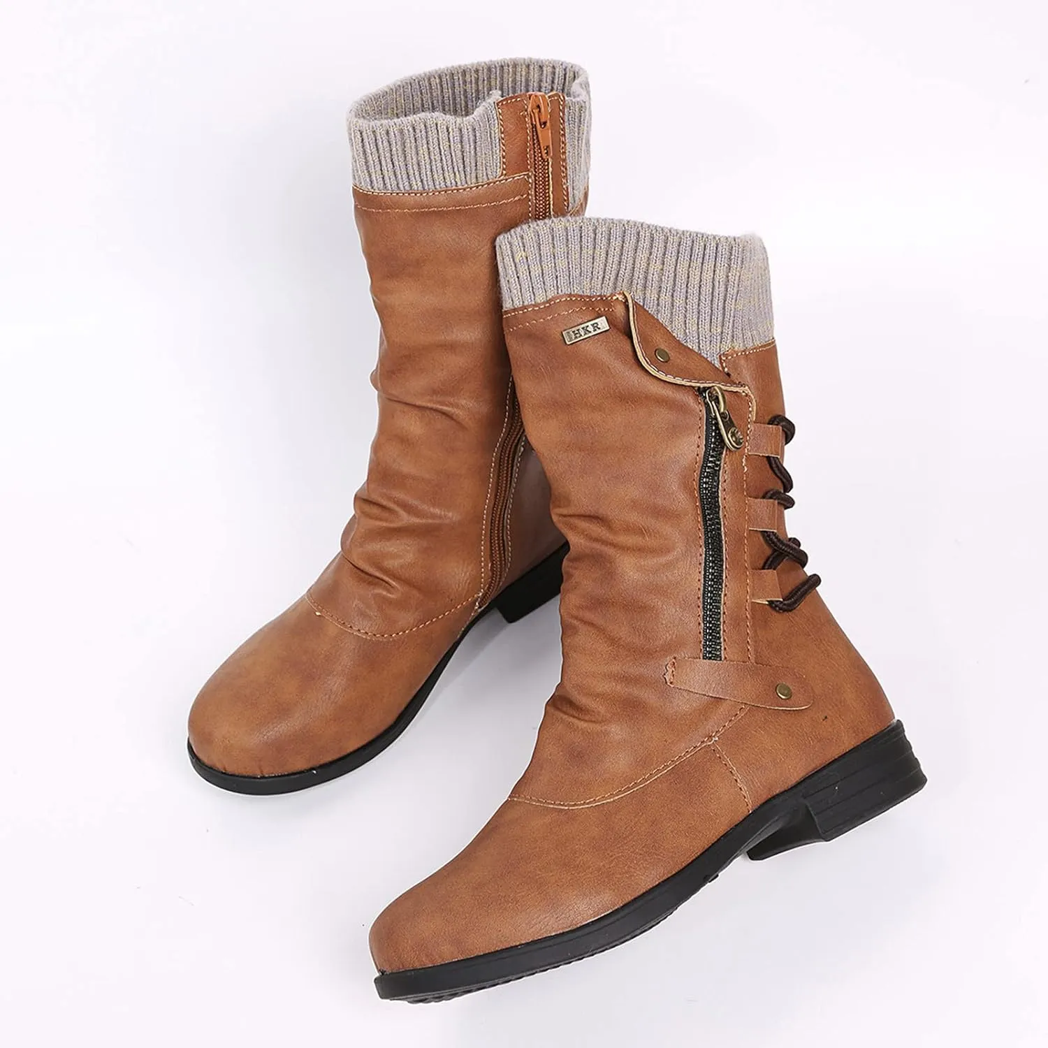 Ankle Boots for Women Comfy Mid Calf Boots for Women Low Heel Winter Flat Large Size Woolen Mouth Mid Calf Boots