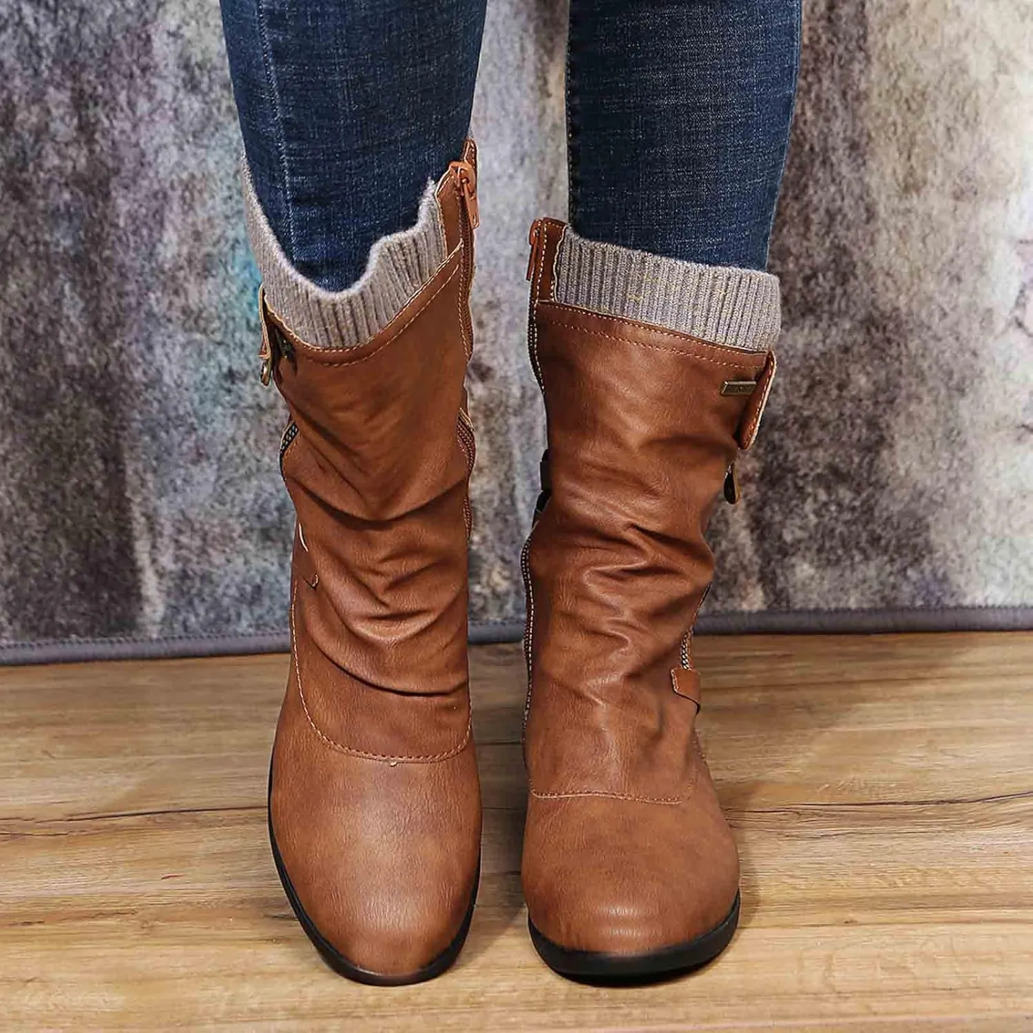 Ankle Boots for Women Comfy Mid Calf Boots for Women Low Heel Winter Flat Large Size Woolen Mouth Mid Calf Boots
