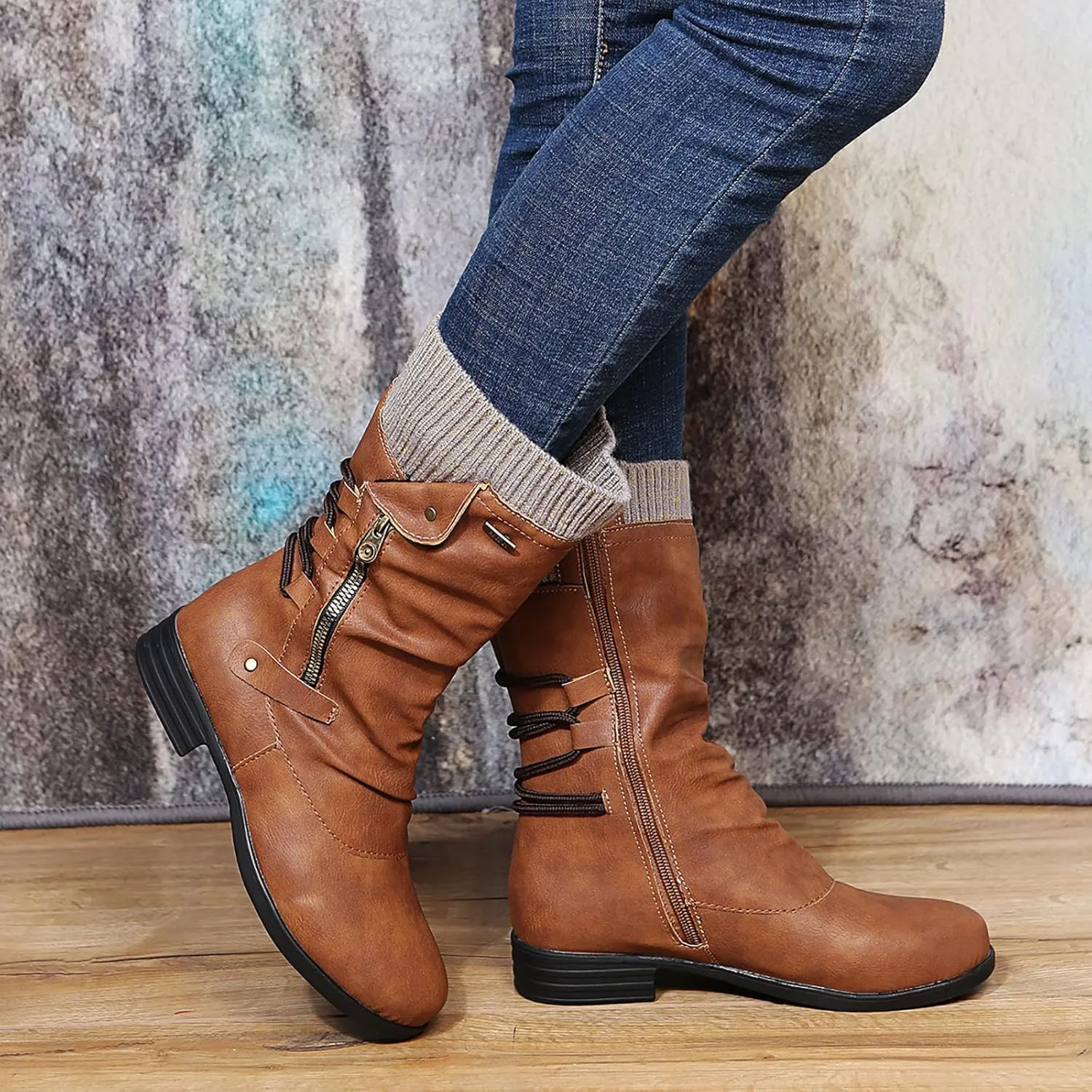 Ankle Boots for Women Comfy Mid Calf Boots for Women Low Heel Winter Flat Large Size Woolen Mouth Mid Calf Boots