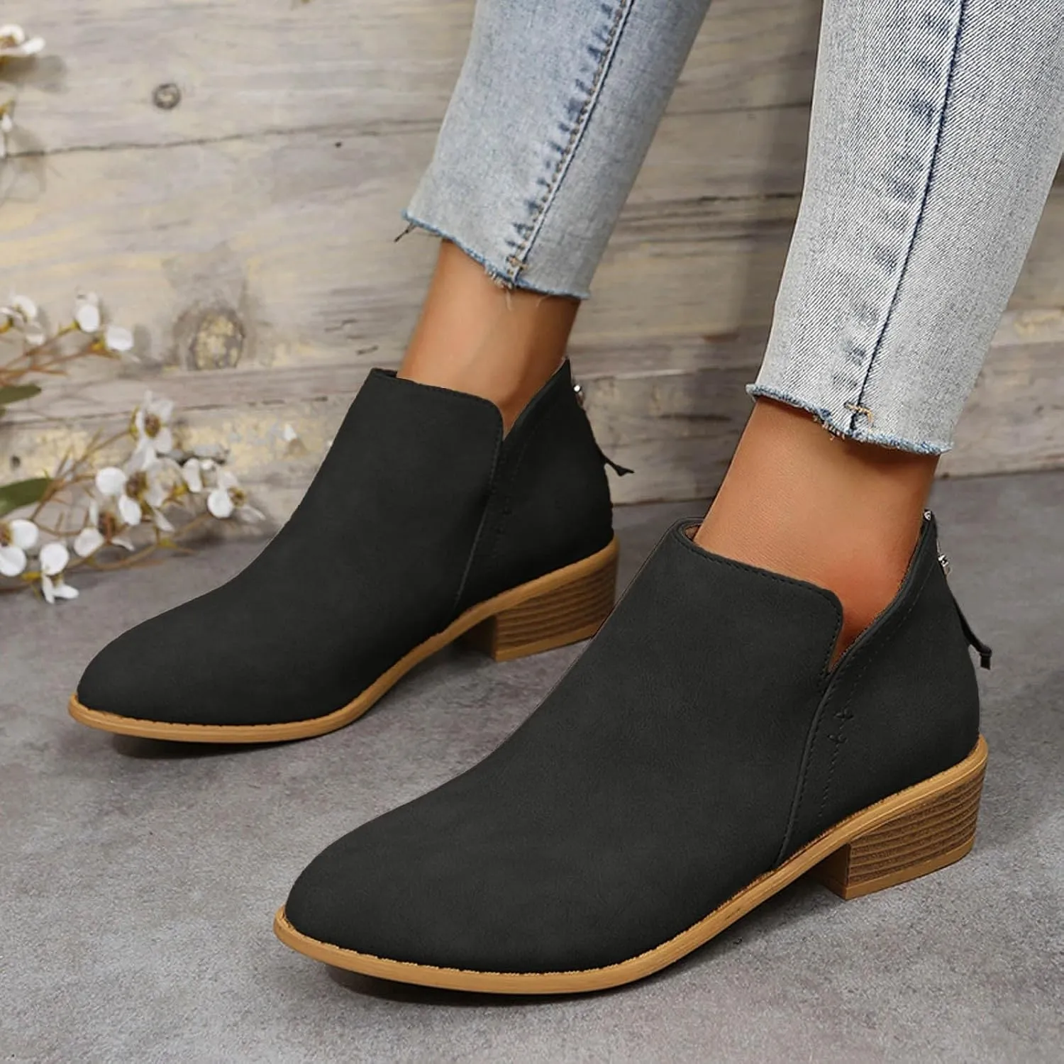 Ankle Boots for Women Low Heel Chunky Heel Boots Women's Fashion Color Matching Fall Winter Side Zipper Short Boots