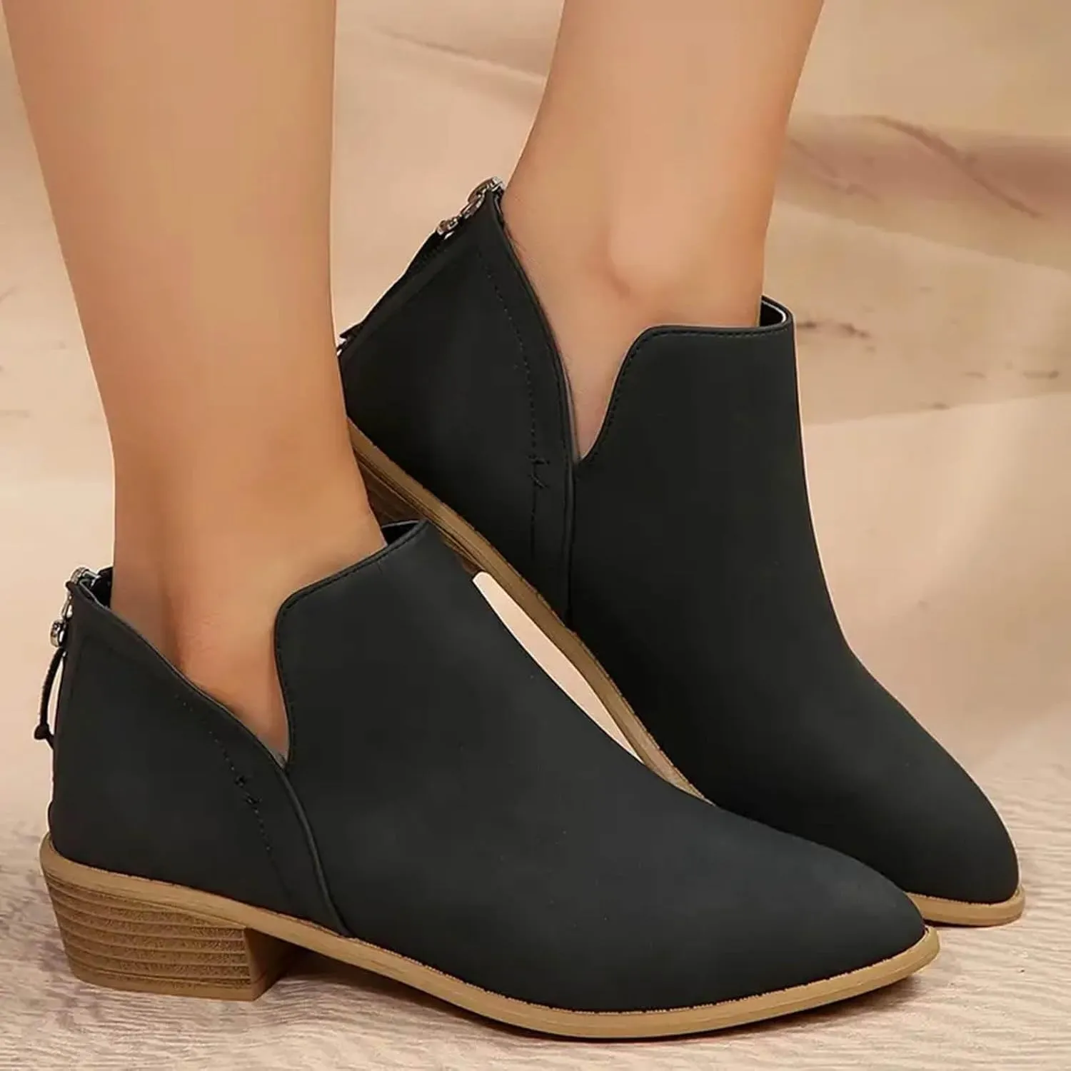 Ankle Boots for Women Low Heel Chunky Heel Boots Women's Fashion Color Matching Fall Winter Side Zipper Short Boots
