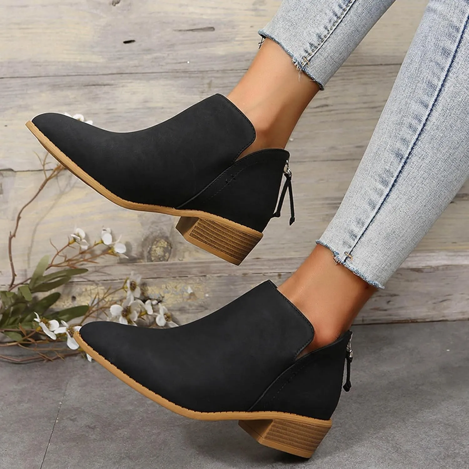 Ankle Boots for Women Low Heel Chunky Heel Boots Women's Fashion Color Matching Fall Winter Side Zipper Short Boots