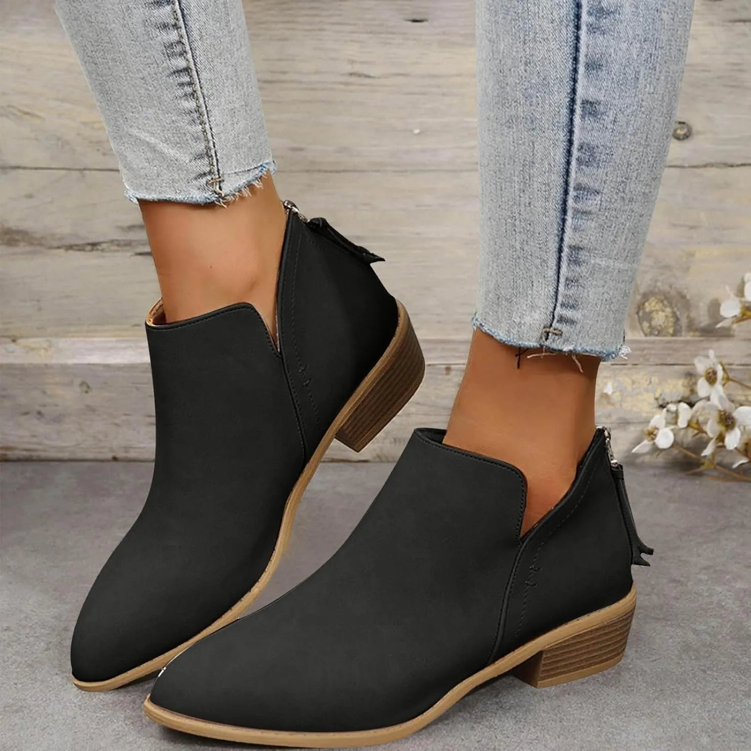 Ankle Boots for Women Low Heel Chunky Heel Boots Women's Fashion Color Matching Fall Winter Side Zipper Short Boots