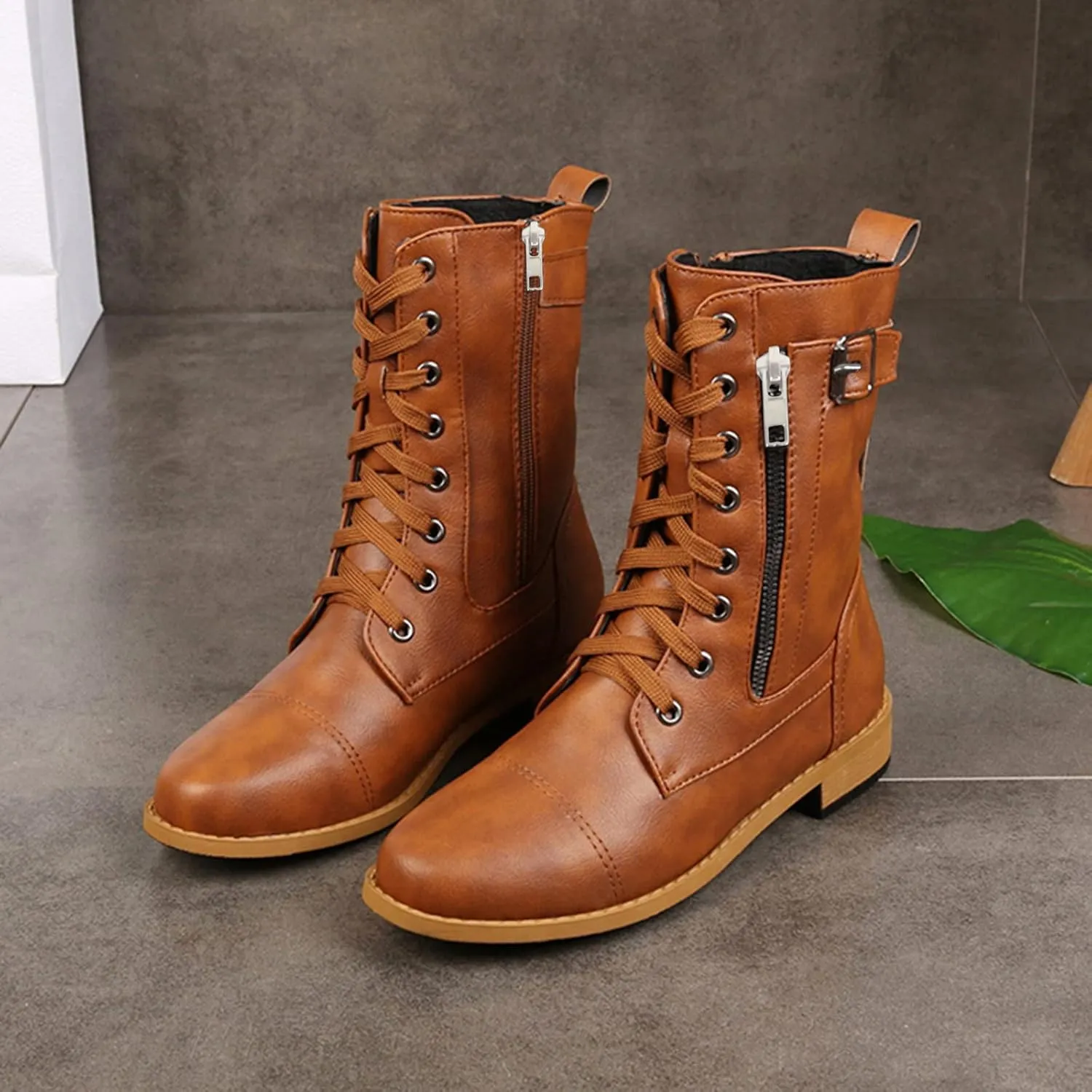 Black Combat Boots Women Boots for Women Combat Ankle Boots for Women Mid-Calf Side Zipper Motorcycle Work Boots