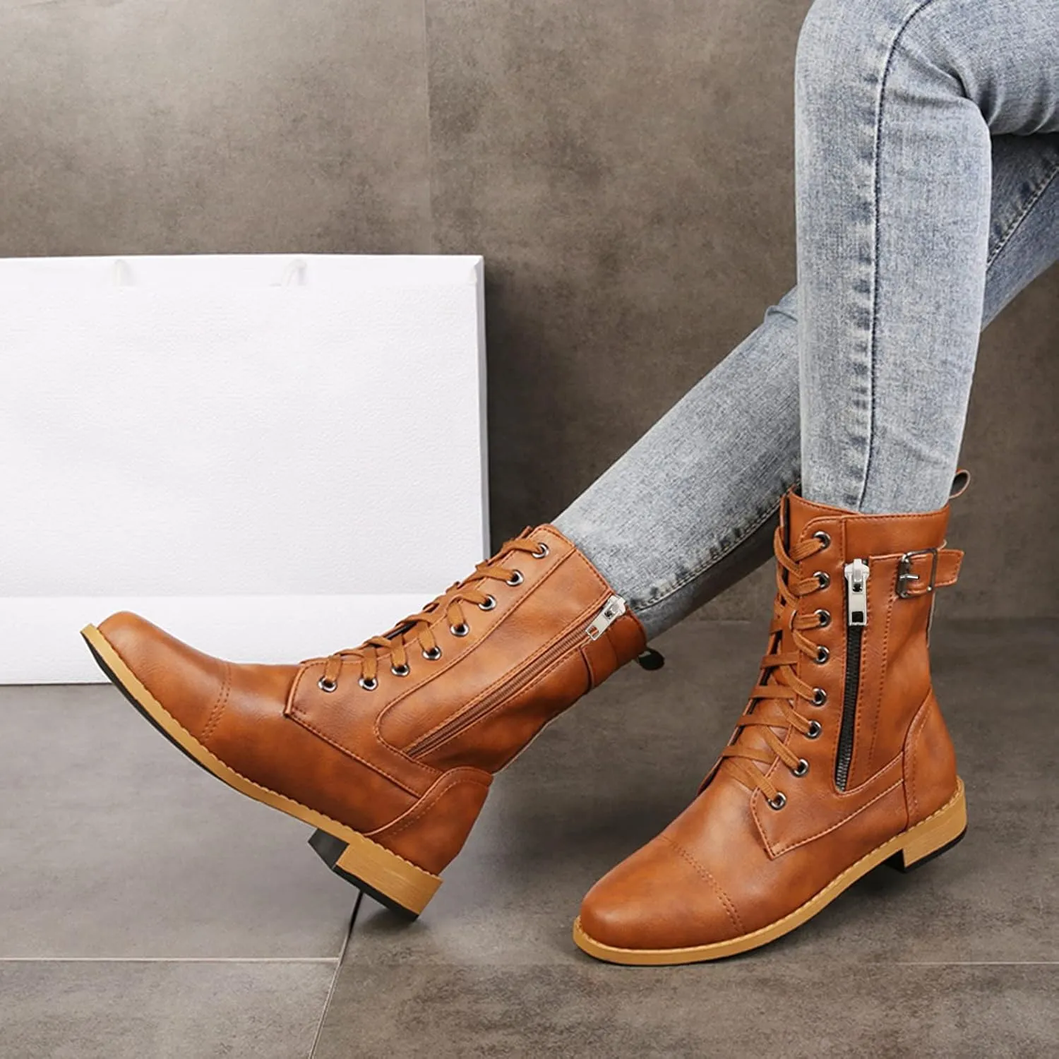 Black Combat Boots Women Boots for Women Combat Ankle Boots for Women Mid-Calf Side Zipper Motorcycle Work Boots