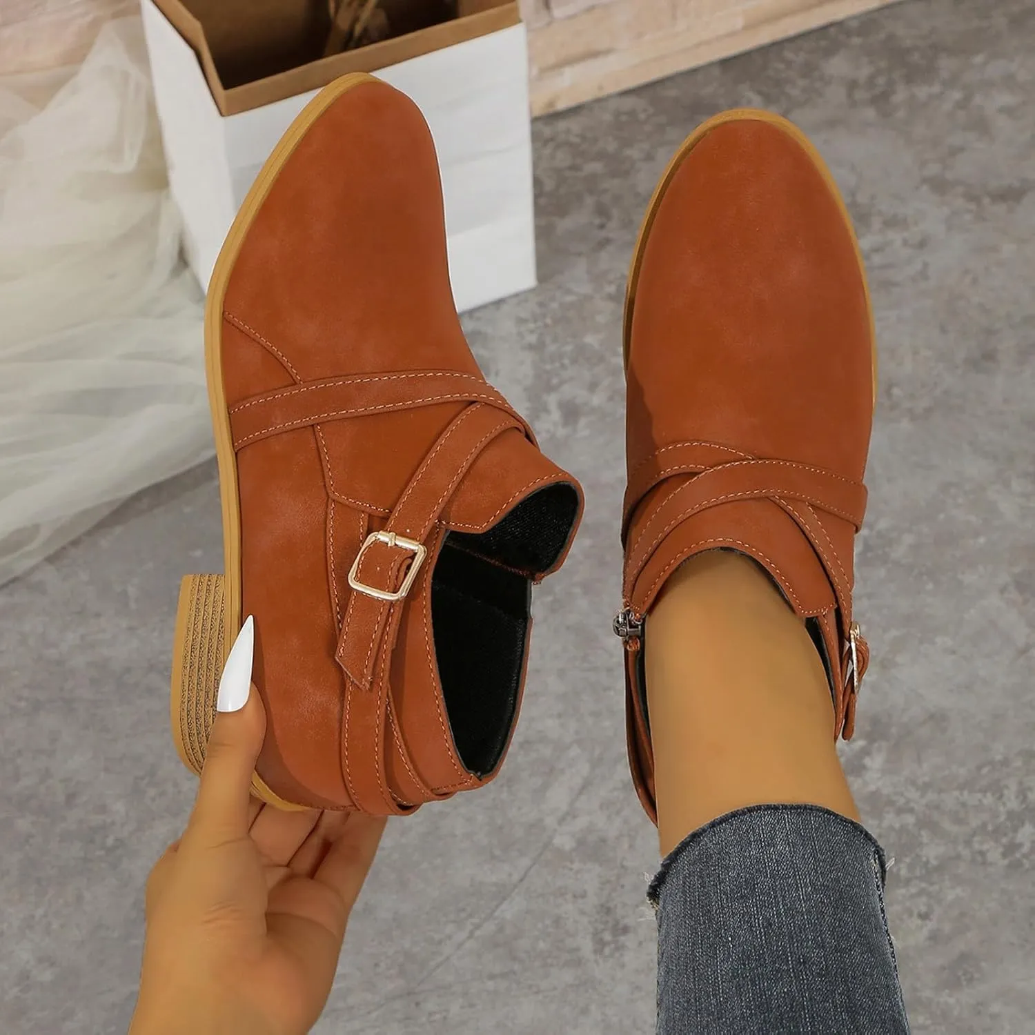 Booties for Women Low Heel Flat Boots Women Chunky Brown Boots Work Boots Black Ankle Boots for Women with Heel Comfort Womens Ankle Booties Low Heel Brown