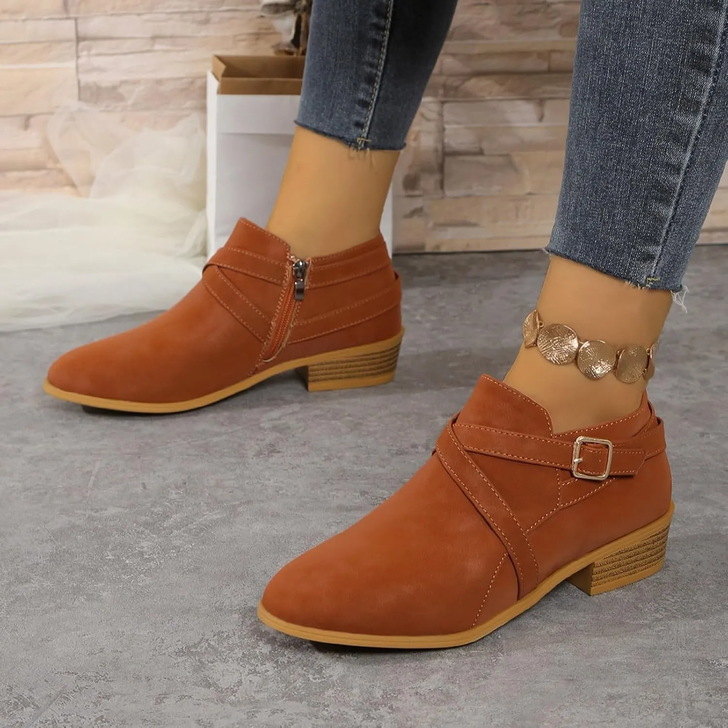 Booties for Women Low Heel Flat Boots Women Chunky Brown Boots Work Boots Black Ankle Boots for Women with Heel Comfort Womens Ankle Booties Low Heel Brown
