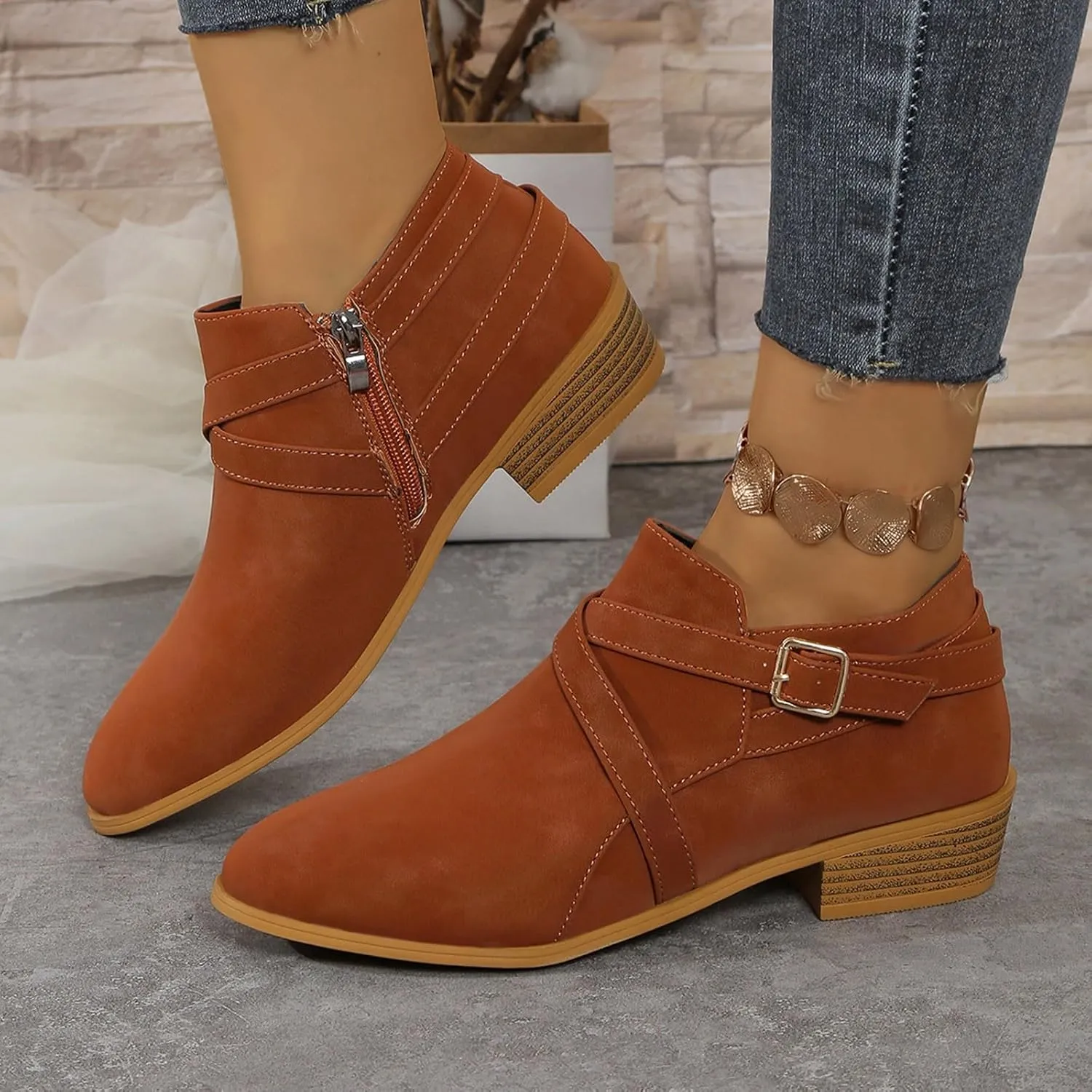 Booties for Women Low Heel Flat Boots Women Chunky Brown Boots Work Boots Black Ankle Boots for Women with Heel Comfort Womens Ankle Booties Low Heel Brown