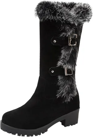 Boots for Women Block Heels Soft Furry Fur Warm Comfortable Womens Boots Round Toe Thick Sole Anti-slip Boots