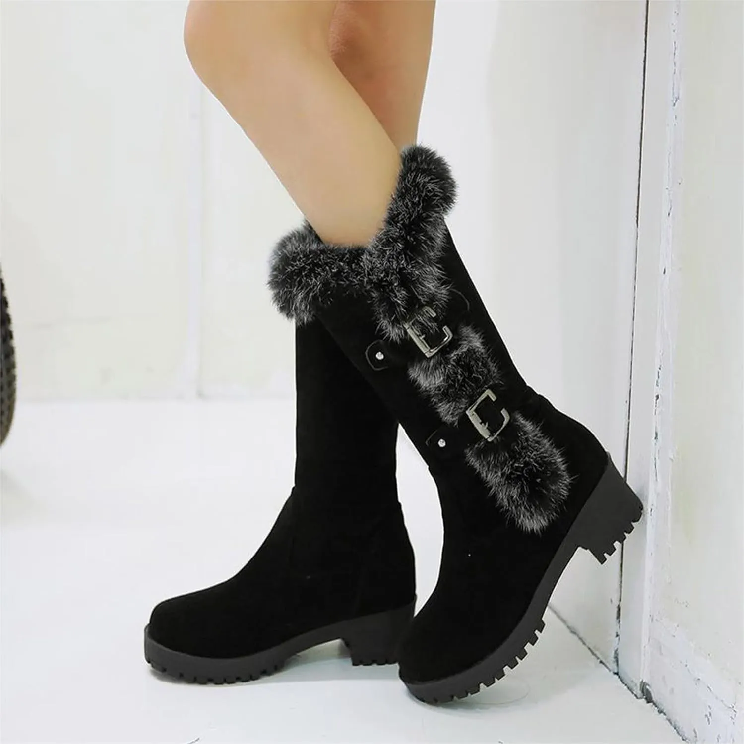 Boots for Women Block Heels Soft Furry Fur Warm Comfortable Womens Boots Round Toe Thick Sole Anti-slip Boots