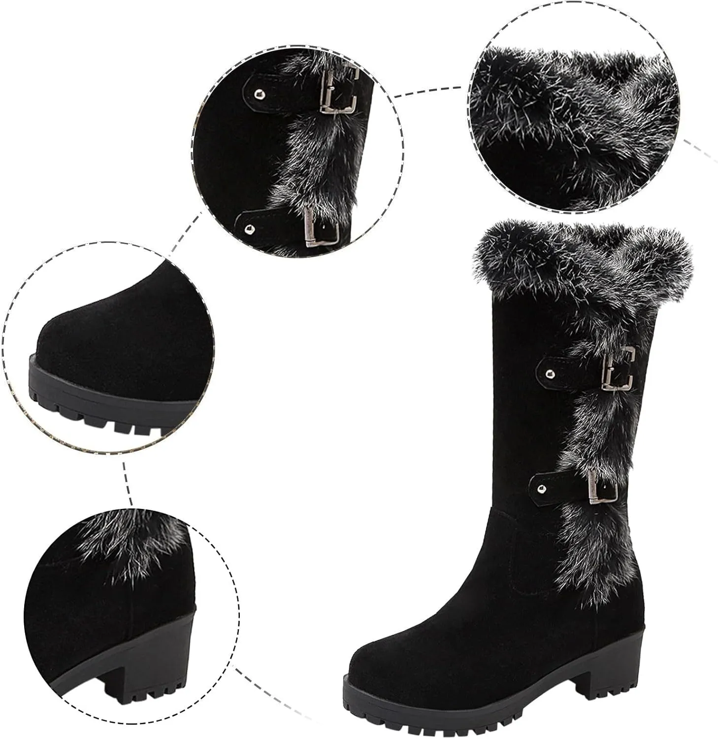 Boots for Women Block Heels Soft Furry Fur Warm Comfortable Womens Boots Round Toe Thick Sole Anti-slip Boots