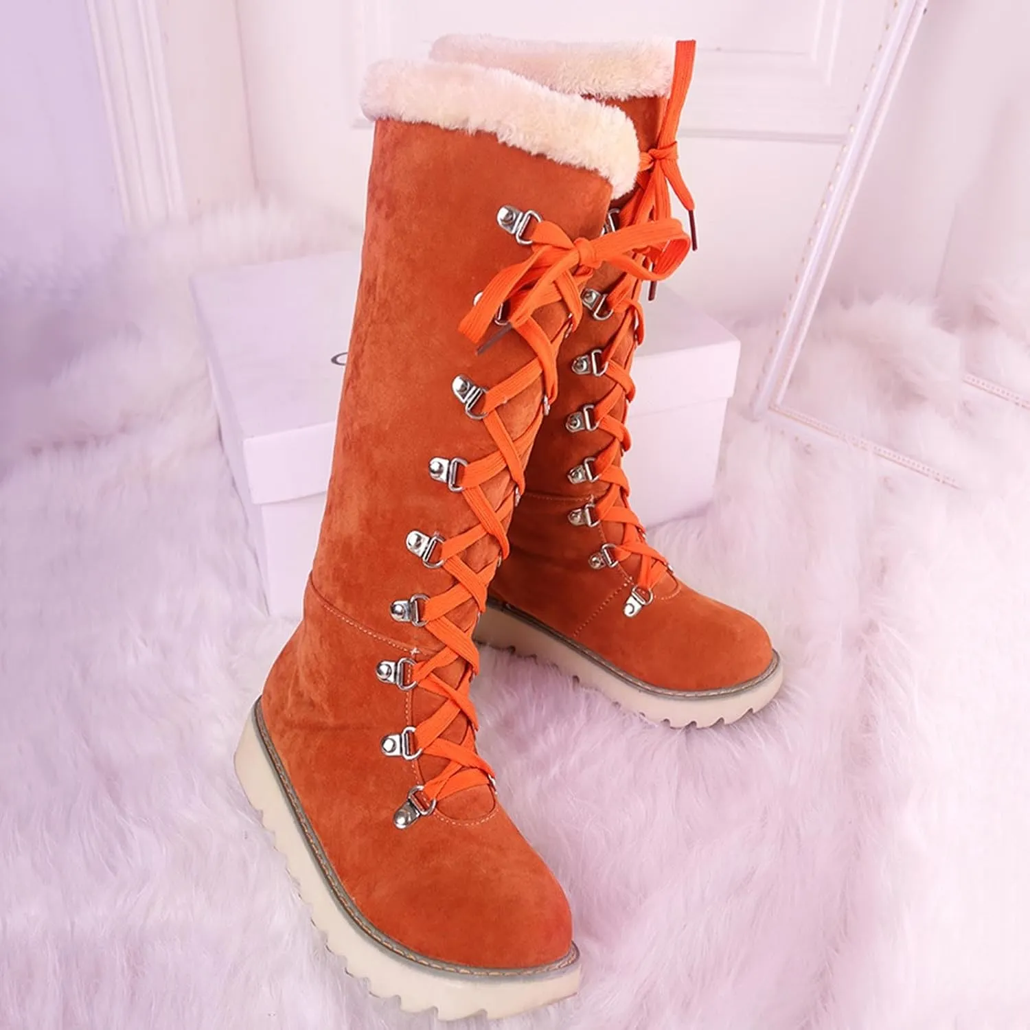 Boots for Women Lace Up Soft Furry Fur Warm Comfortable Womens Boots Round Toe Thick Sole Anti-slip Fashion Boots