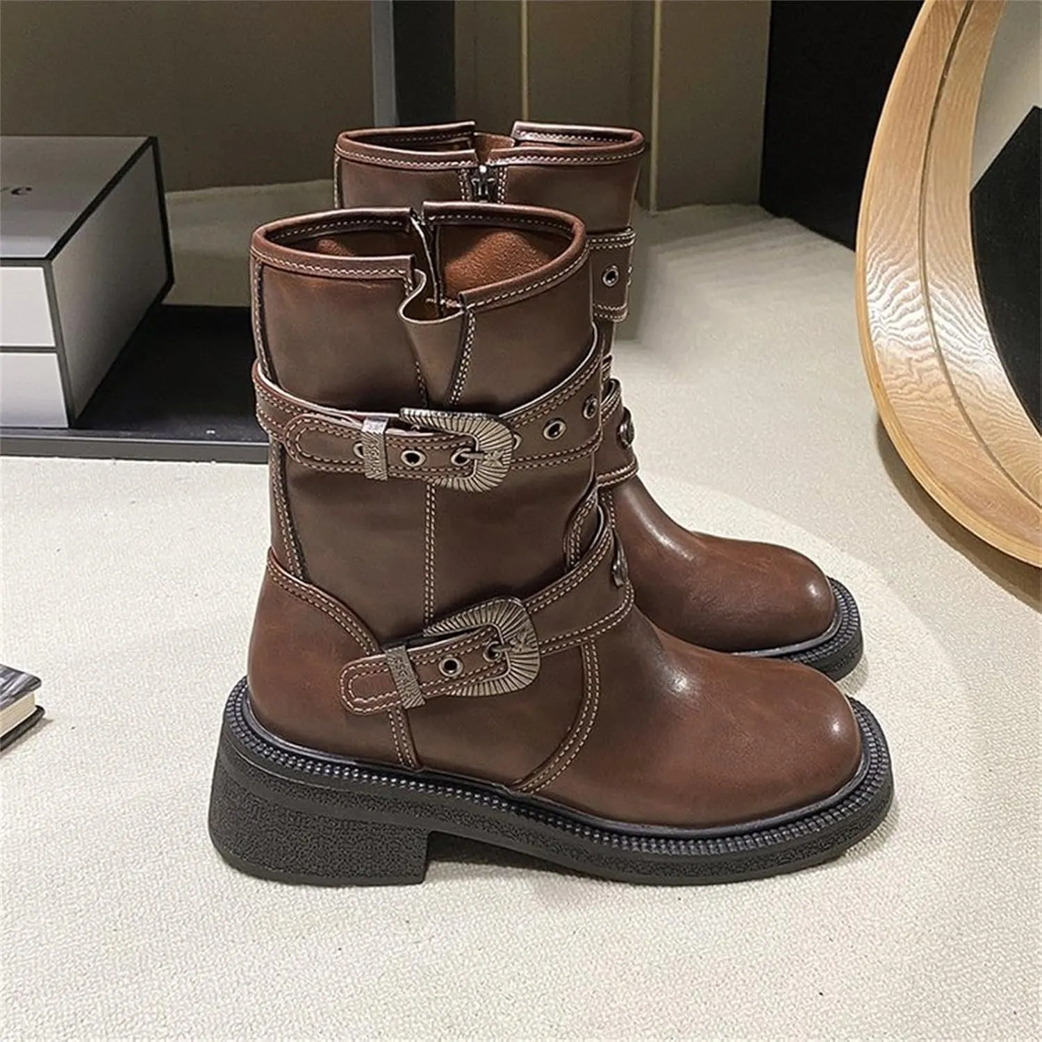 Boots Women Wide Ankle Boots for Women Gold Booties for Women Black Heels for Women Chunky Heel Womens Booties and Ankle Boots Leather Low Heel Ankle Boot