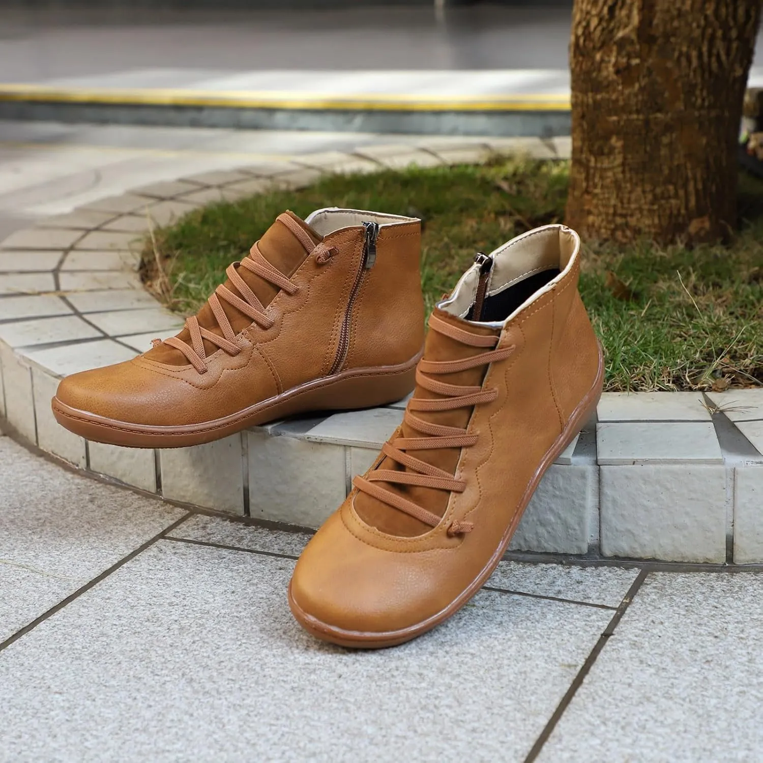 Brown Ankle Boots Botas Negras Para Mujer Women Leather Boots Women Wide Width Womens Leather Booties and Ankle Boots Women Lace Up Buckle Belt High Heels Platform Ankle Boots