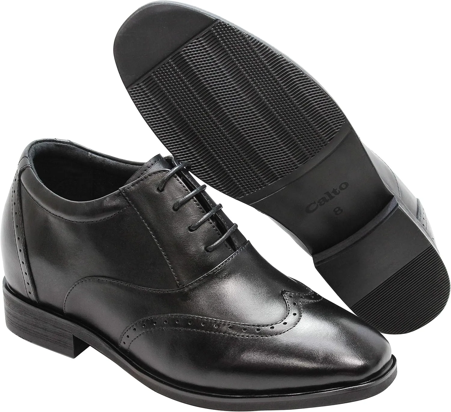 CALTO Men's Invisible Height Increasing Elevator Shoes - Black Leather Lace-up Brogue Wing-tip Oxfords - 3.2 Inches Taller - G51123 - Size 11.5 D(M) US