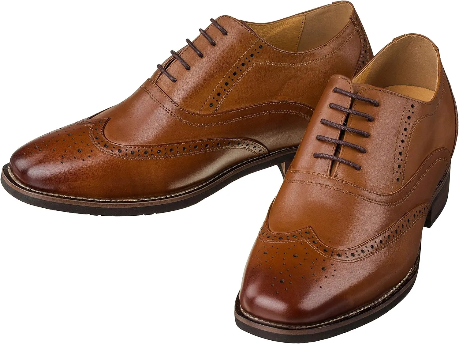 CALTO Men's Invisible Height Increasing Elevator Shoes - Dark Brown Leather Lace-up Brogue Wing-tip Oxfords - 2.6 Inches Taller - G60101 - Size 10 D(M) US