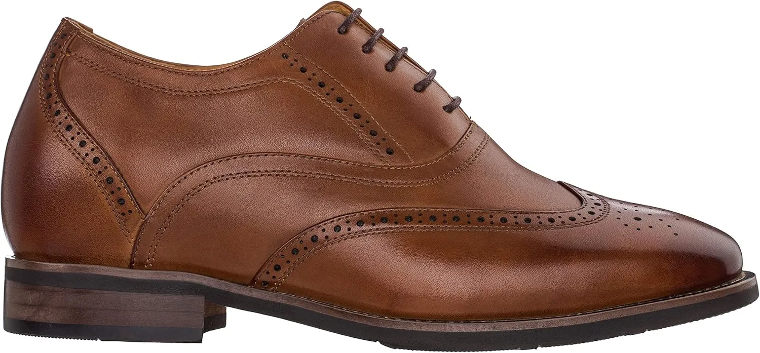 CALTO Men's Invisible Height Increasing Elevator Shoes - Dark Brown Leather Lace-up Brogue Wing-tip Oxfords - 2.6 Inches Taller - G60101 - Size 10 D(M) US