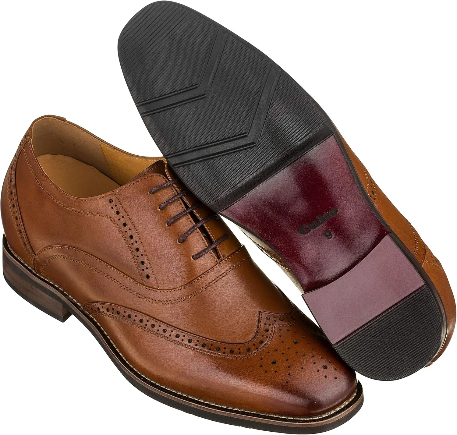 CALTO Men's Invisible Height Increasing Elevator Shoes - Dark Brown Leather Lace-up Brogue Wing-tip Oxfords - 2.6 Inches Taller - G60101 - Size 10 D(M) US