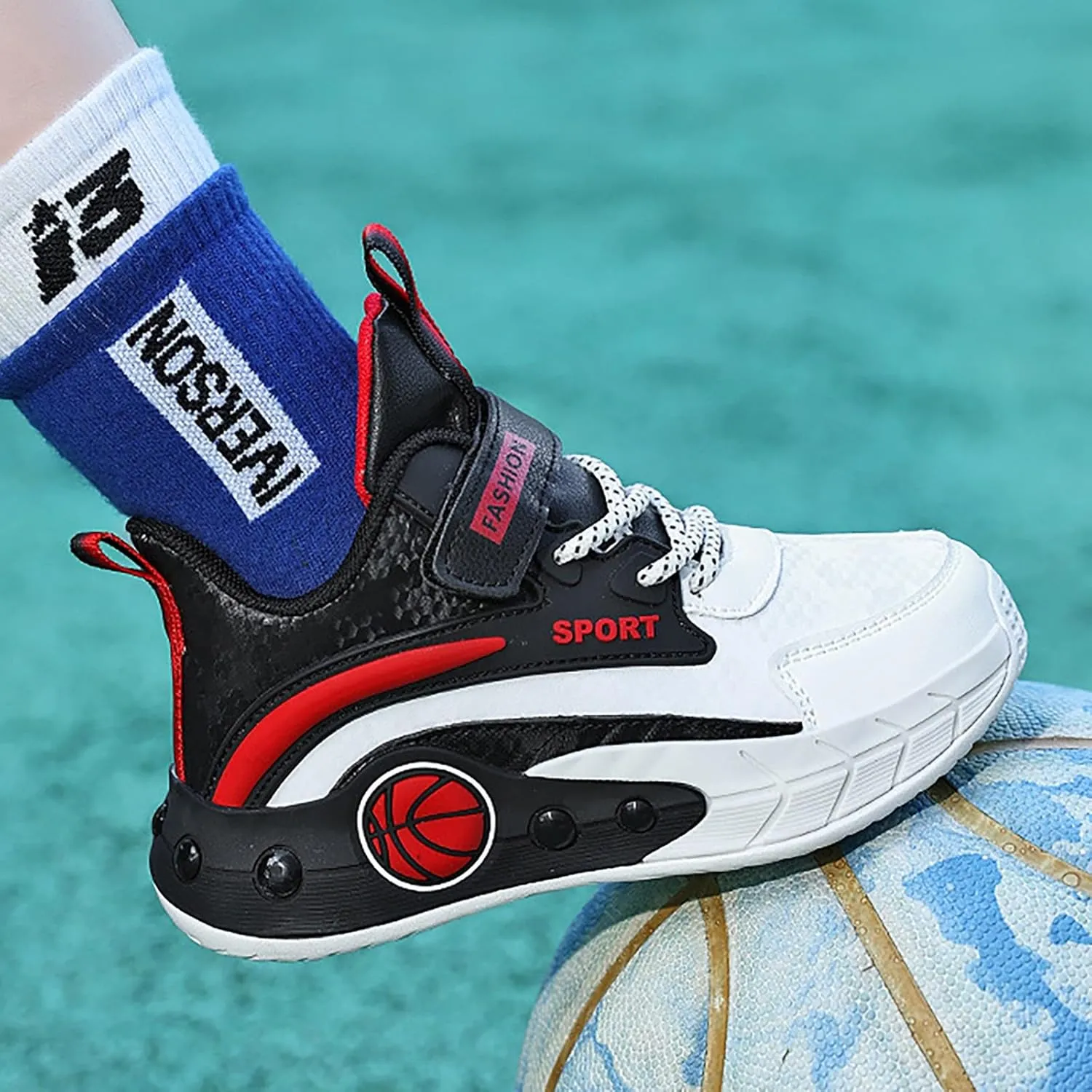 Childrens Boys Basketball Sneakers High Top Non Slip Padded Lace Sport Shoes Kids Flat Strap Breathable Sneakers