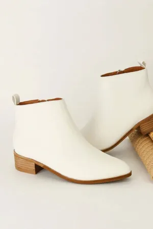 Classic PU Leather Block Heel Ankle Boots – White