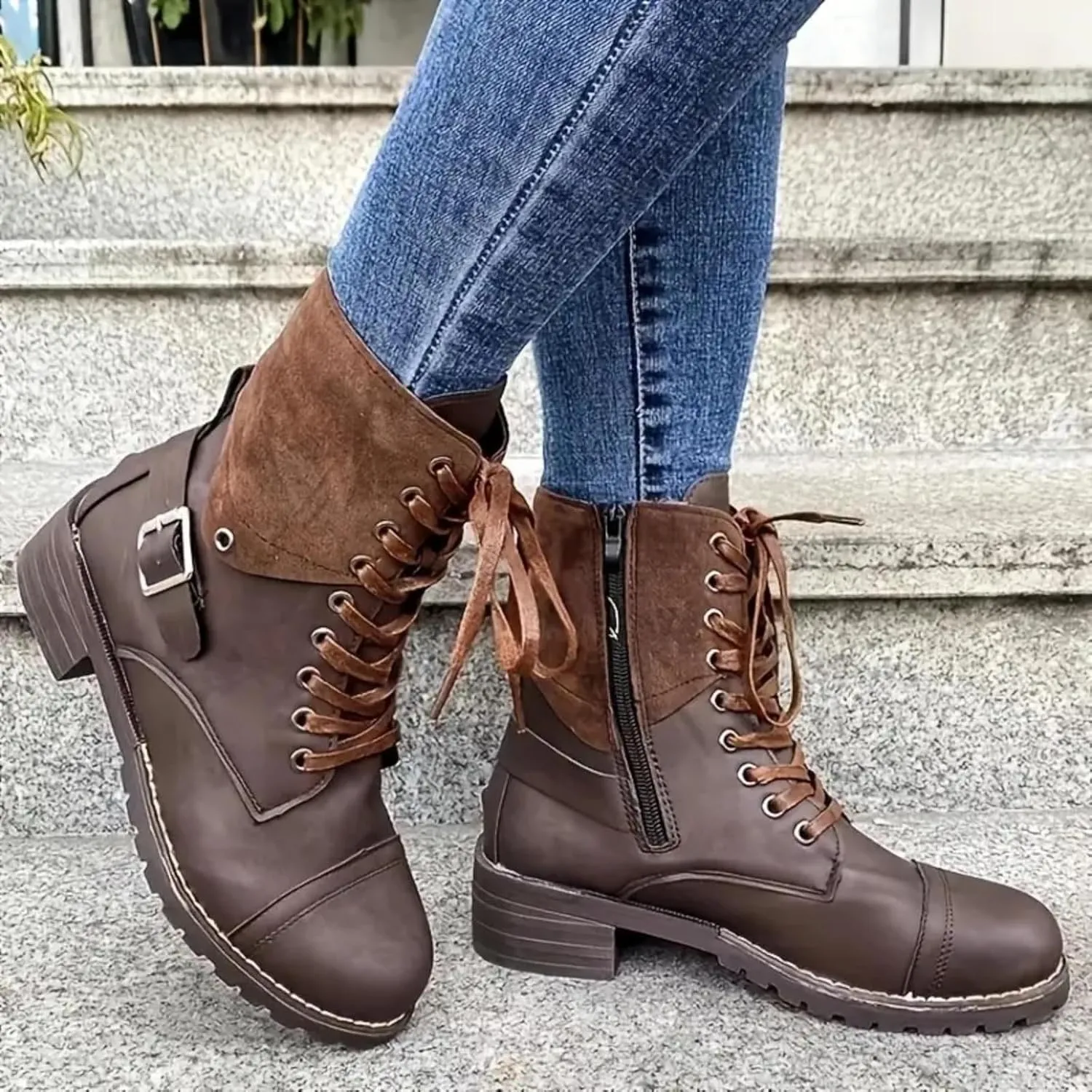 Combat Boots for Women Mid Calf Women Boots Women's Lace Up Combat Fashion Low Chunky Heel Booties Shoes