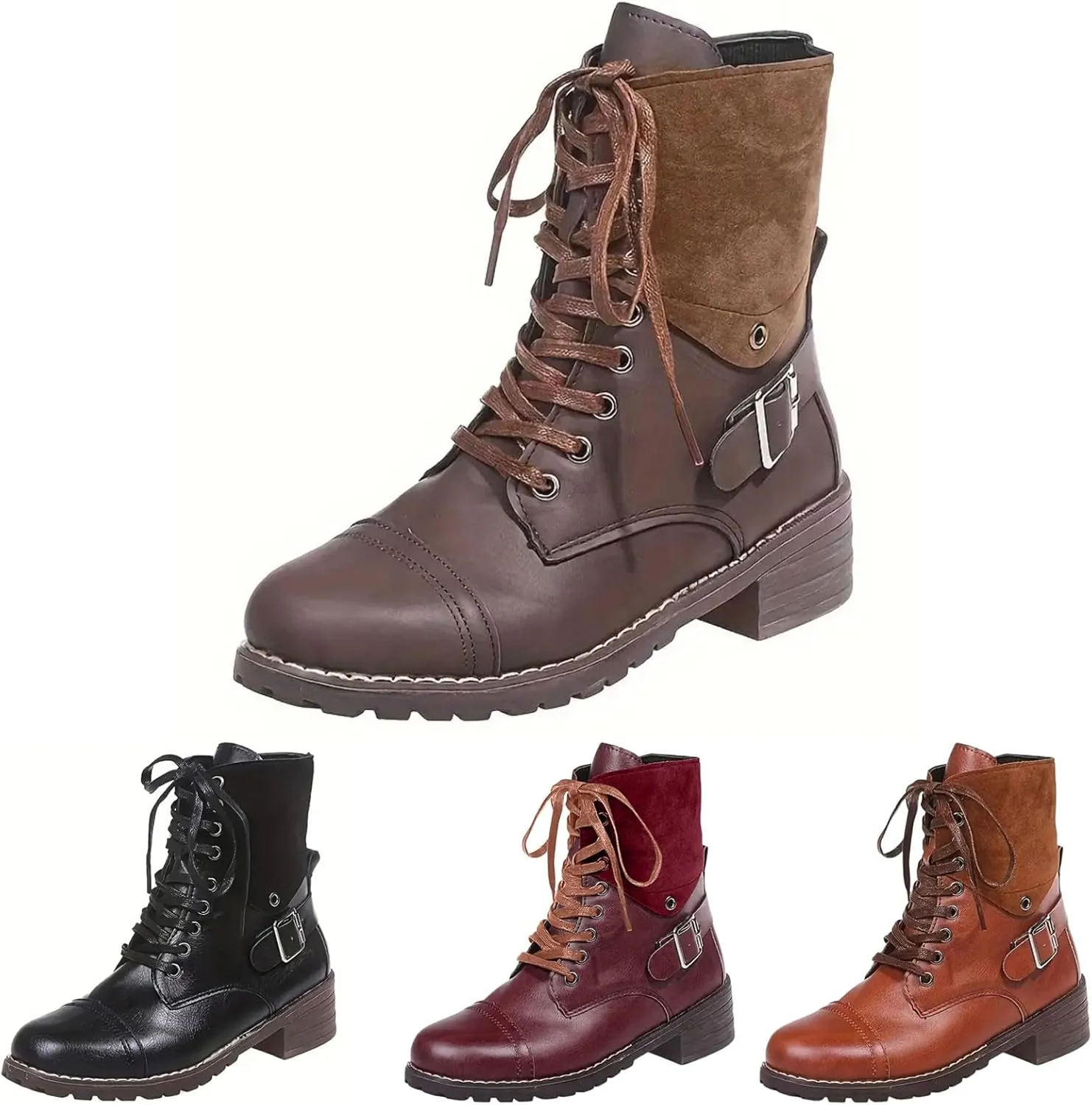 Combat Boots for Women Mid Calf Women Boots Women's Lace Up Combat Fashion Low Chunky Heel Booties Shoes
