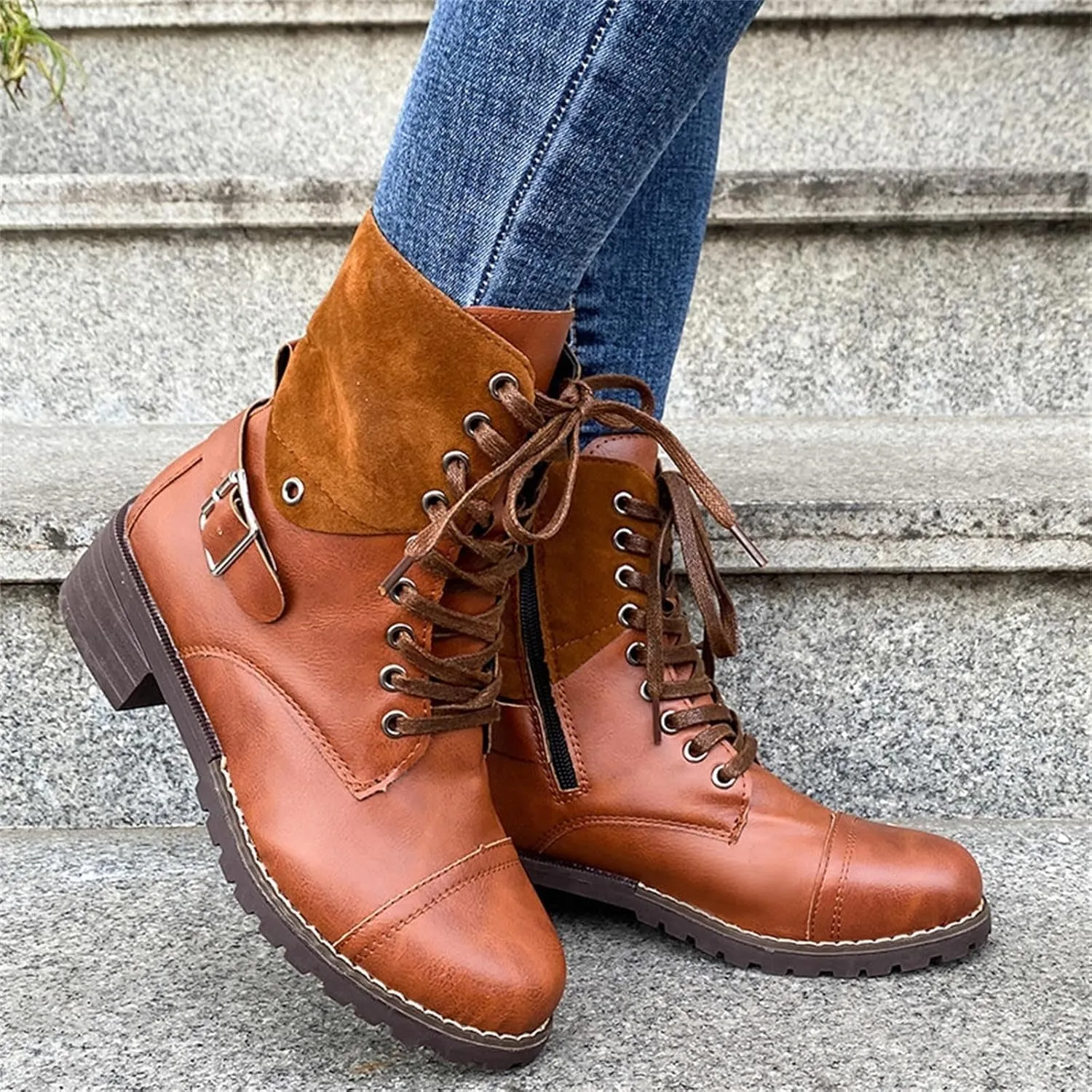 Combat Boots for Women Mid Calf Women Boots Women's Lace Up Combat Fashion Low Chunky Heel Booties Shoes