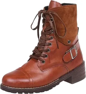 Combat Boots for Women Mid Calf Women Boots Women's Lace Up Combat Fashion Low Chunky Heel Booties Shoes