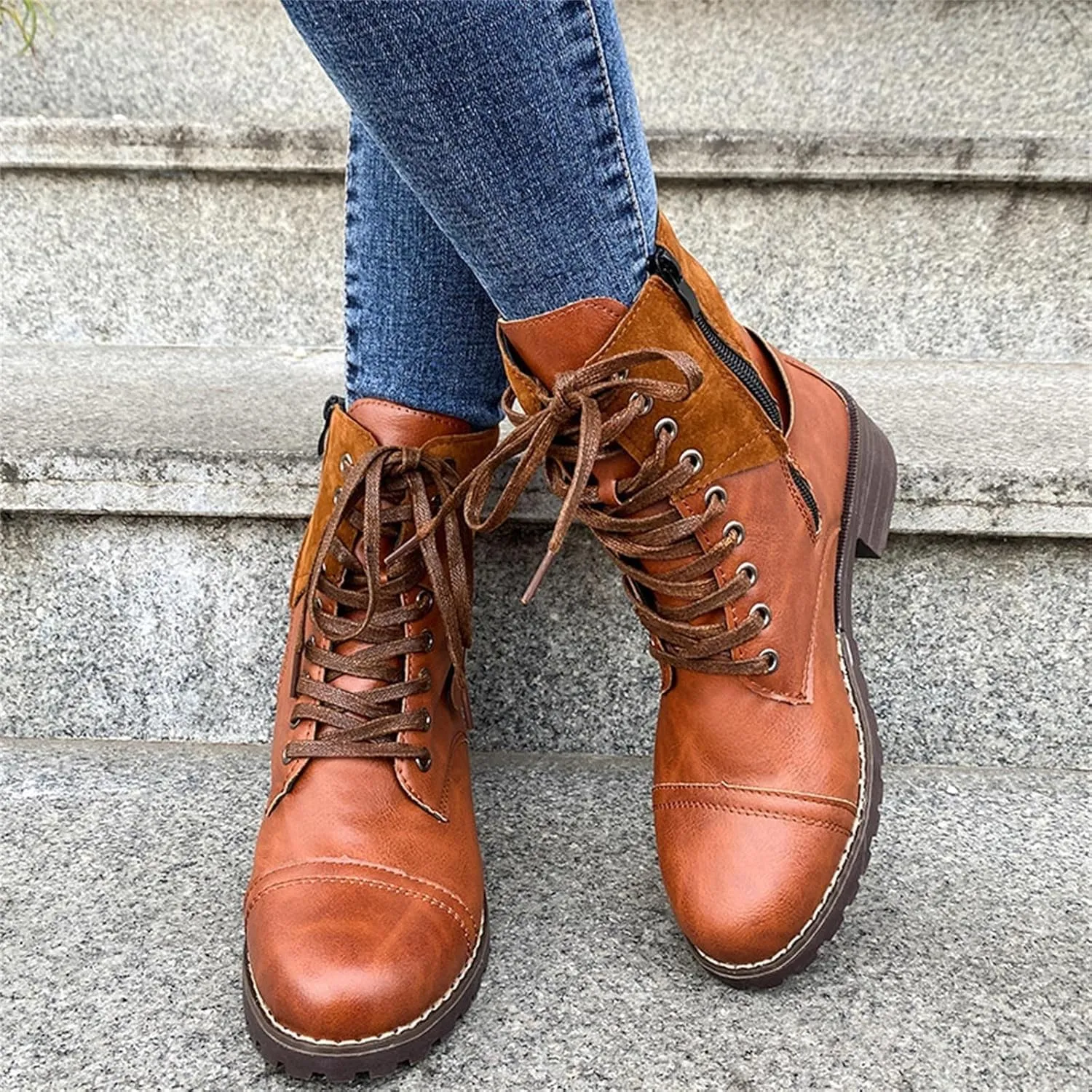 Combat Boots for Women Mid Calf Women Boots Women's Lace Up Combat Fashion Low Chunky Heel Booties Shoes
