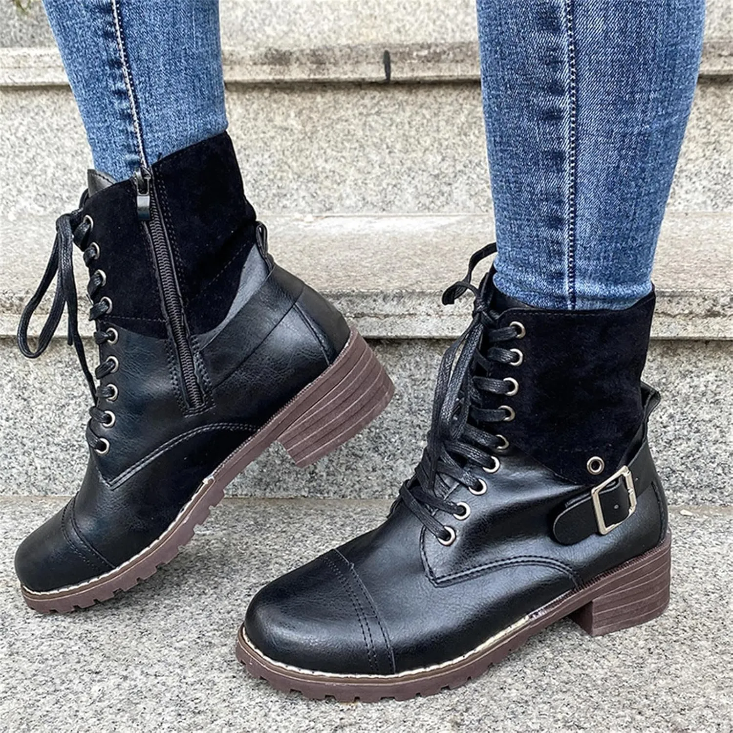 Combat Boots for Women Mid Calf Women Boots Women's Lace Up Combat Fashion Low Chunky Heel Booties Shoes