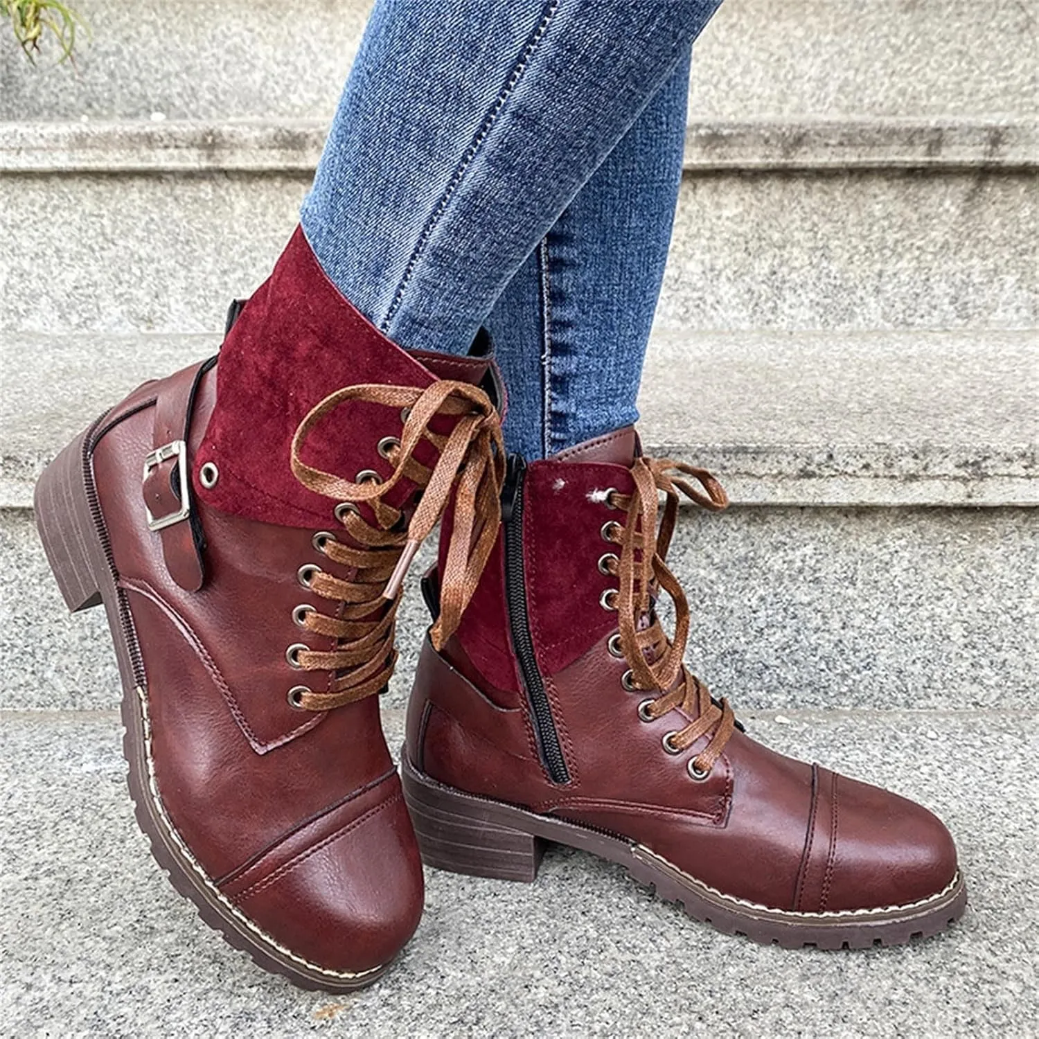 Combat Boots for Women Mid Calf Women Boots Women's Lace Up Combat Fashion Low Chunky Heel Booties Shoes