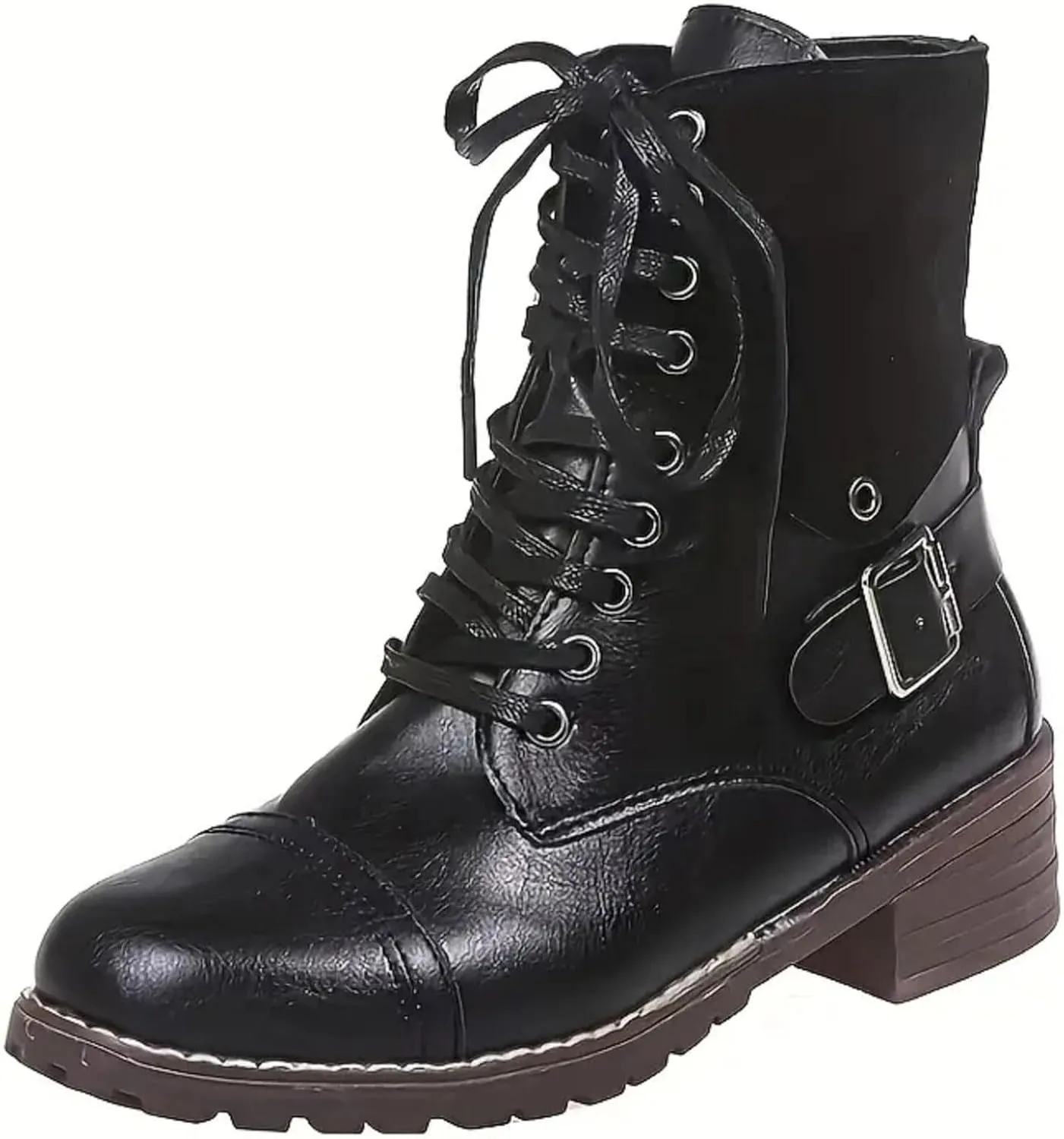 Combat Boots for Women Mid Calf Women Boots Women's Lace Up Combat Fashion Low Chunky Heel Booties Shoes