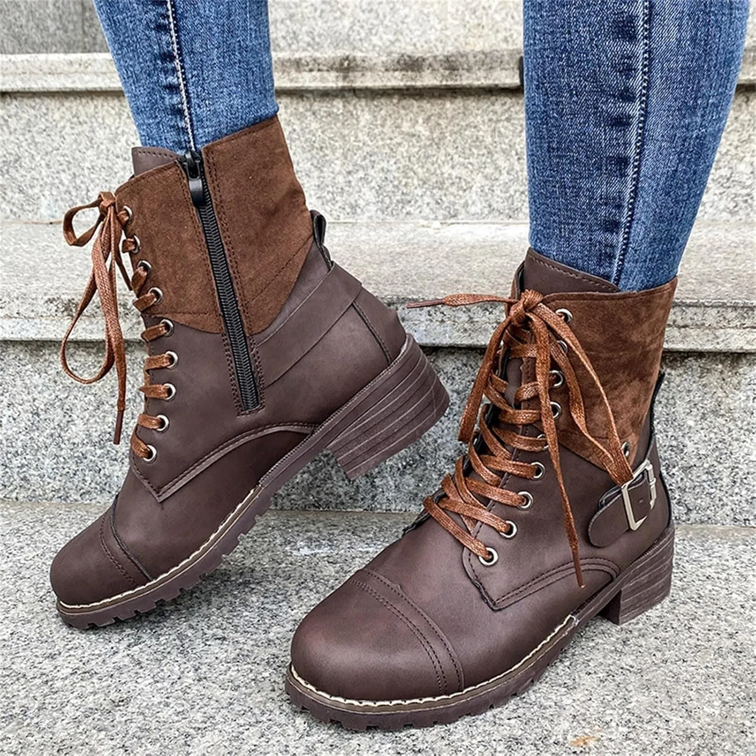 Combat Boots for Women Mid Calf Women Boots Women's Lace Up Combat Fashion Low Chunky Heel Booties Shoes
