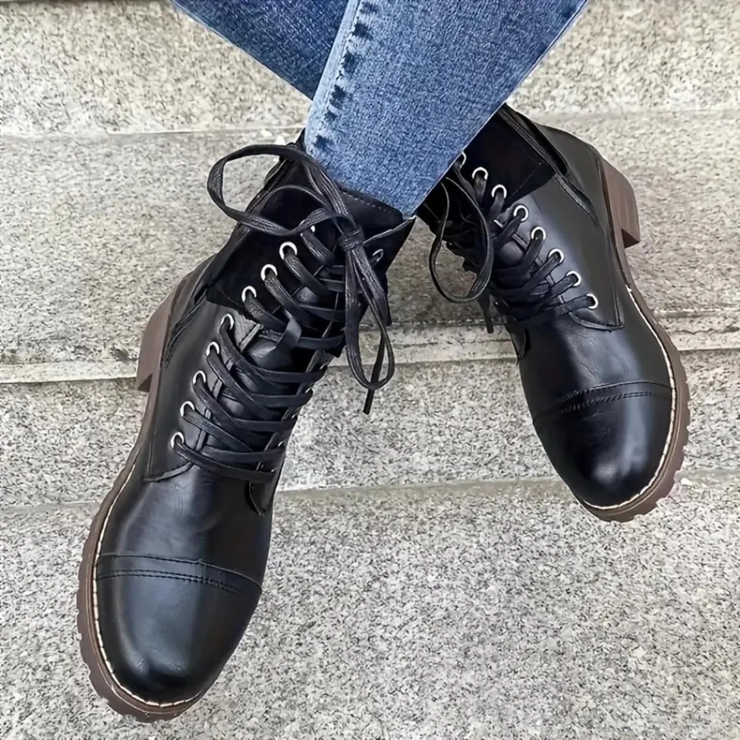 Combat Boots for Women Mid Calf Women Boots Women's Lace Up Combat Fashion Low Chunky Heel Booties Shoes