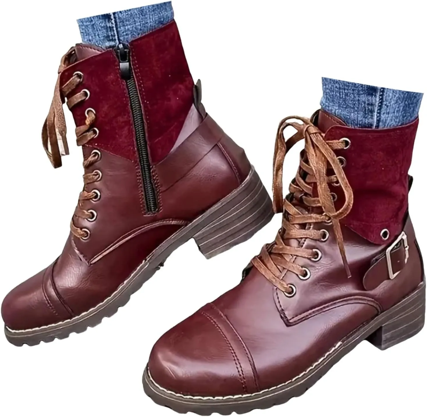 Combat Boots for Women Mid Calf Women Boots Women's Lace Up Combat Fashion Low Chunky Heel Booties Shoes