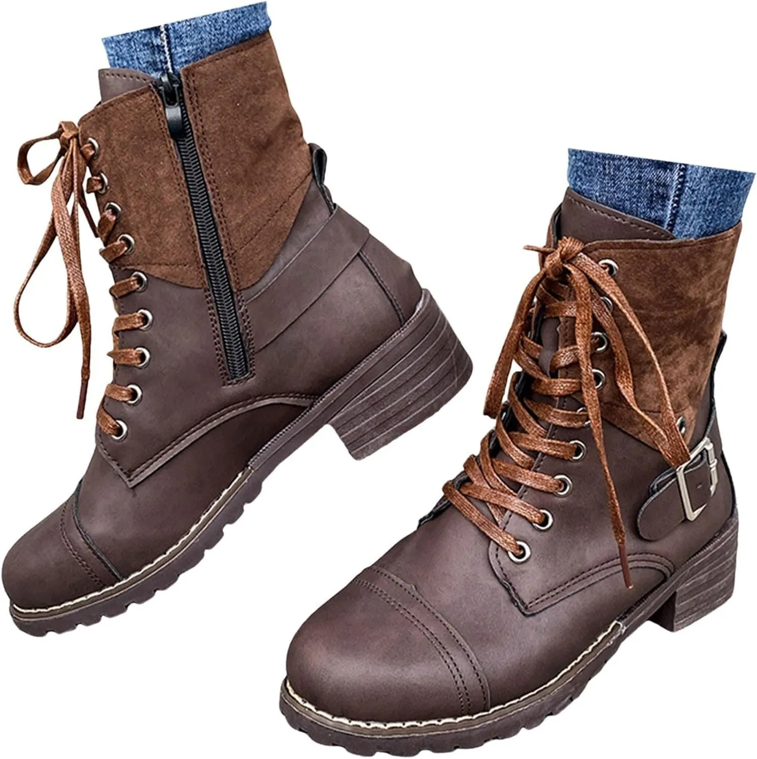 Combat Boots for Women Mid Calf Women Boots Women's Lace Up Combat Fashion Low Chunky Heel Booties Shoes