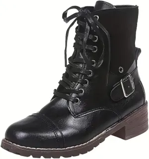 Combat Boots for Women Mid Calf Women Boots Women's Lace Up Combat Fashion Low Chunky Heel Booties Shoes
