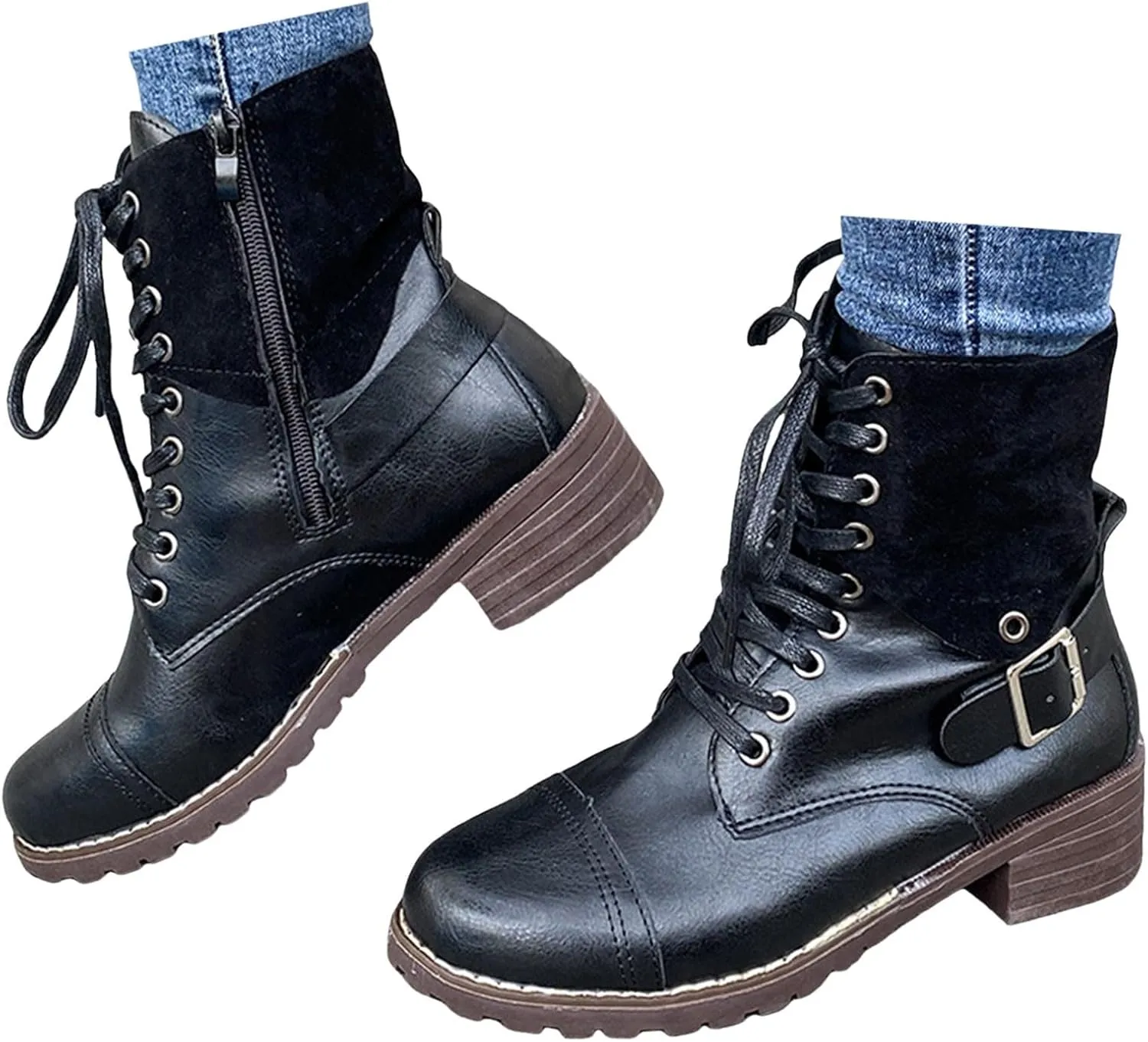 Combat Boots for Women Mid Calf Women Boots Women's Lace Up Combat Fashion Low Chunky Heel Booties Shoes