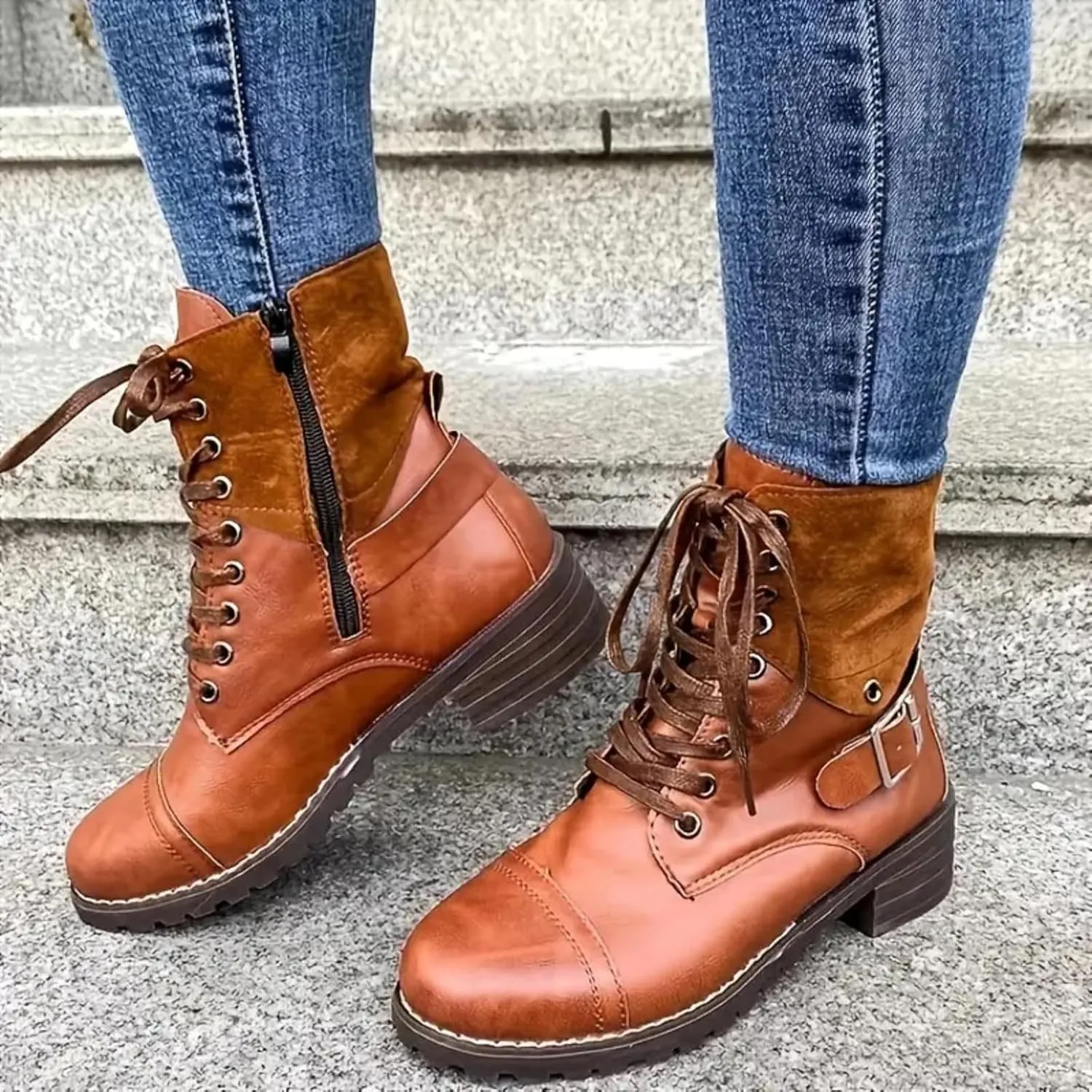 Combat Boots for Women Mid Calf Women Boots Women's Lace Up Combat Fashion Low Chunky Heel Booties Shoes