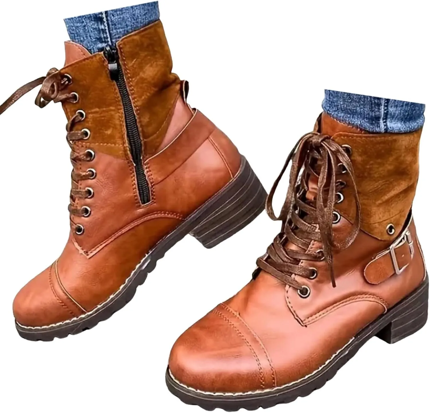 Combat Boots for Women Mid Calf Women Boots Women's Lace Up Combat Fashion Low Chunky Heel Booties Shoes
