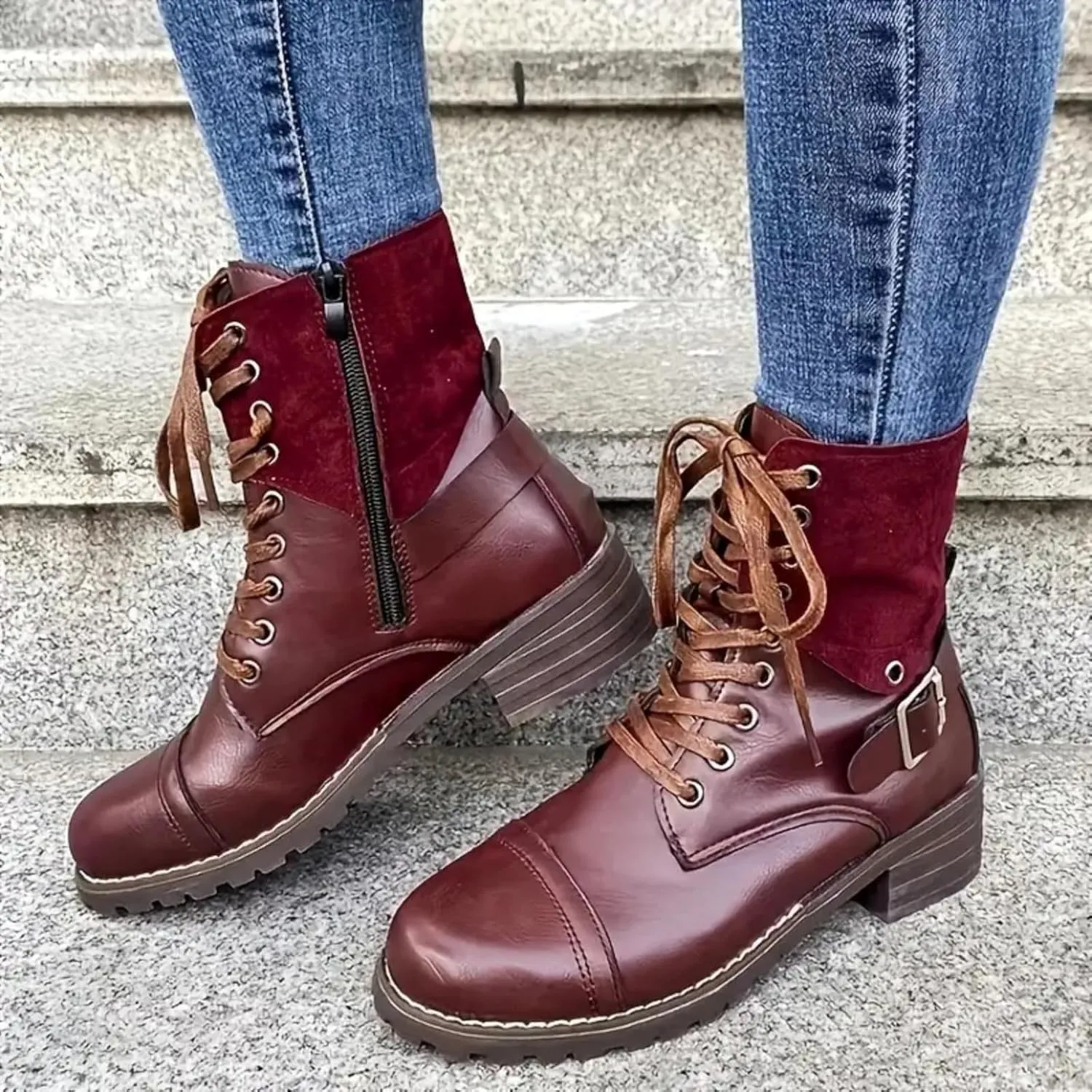 Combat Boots for Women Mid Calf Women Boots Women's Lace Up Combat Fashion Low Chunky Heel Booties Shoes