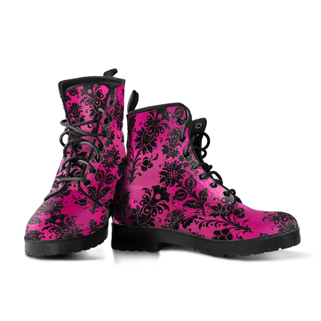 Combat Boots - Hot Pink Pattern #101 | Unisex Adult Shoes, Vegan Leather Handmade Lace Up Boots, Custom Shoes Boho, Vintage Style, Aesthetic