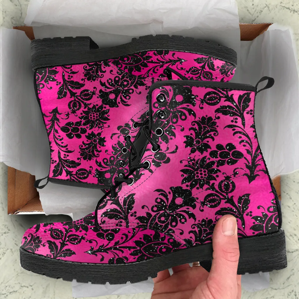 Combat Boots - Hot Pink Pattern #101 | Unisex Adult Shoes, Vegan Leather Handmade Lace Up Boots, Custom Shoes Boho, Vintage Style, Aesthetic