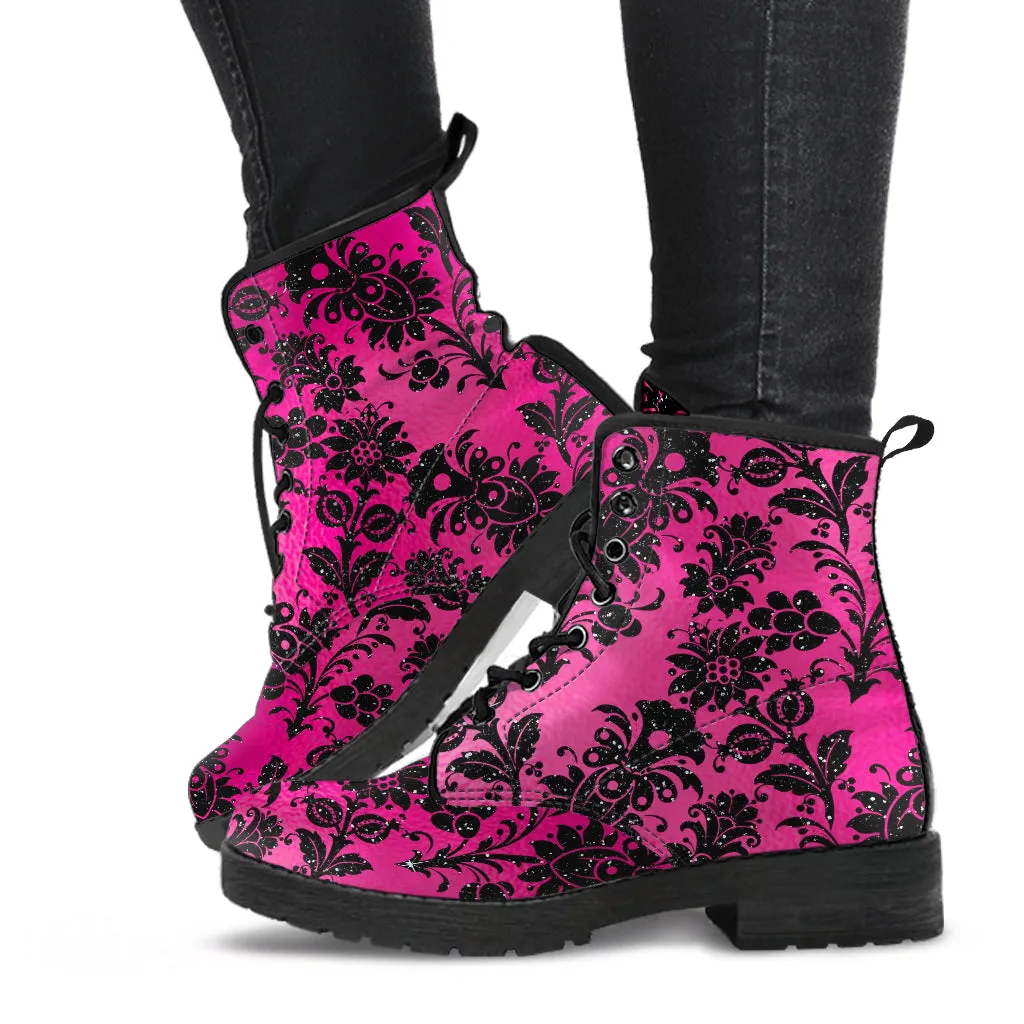 Combat Boots - Hot Pink Pattern #101 | Unisex Adult Shoes, Vegan Leather Handmade Lace Up Boots, Custom Shoes Boho, Vintage Style, Aesthetic