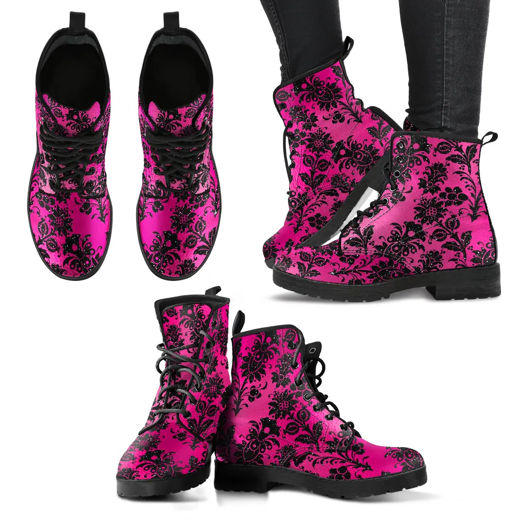Combat Boots - Hot Pink Pattern #101 | Unisex Adult Shoes, Vegan Leather Handmade Lace Up Boots, Custom Shoes Boho, Vintage Style, Aesthetic