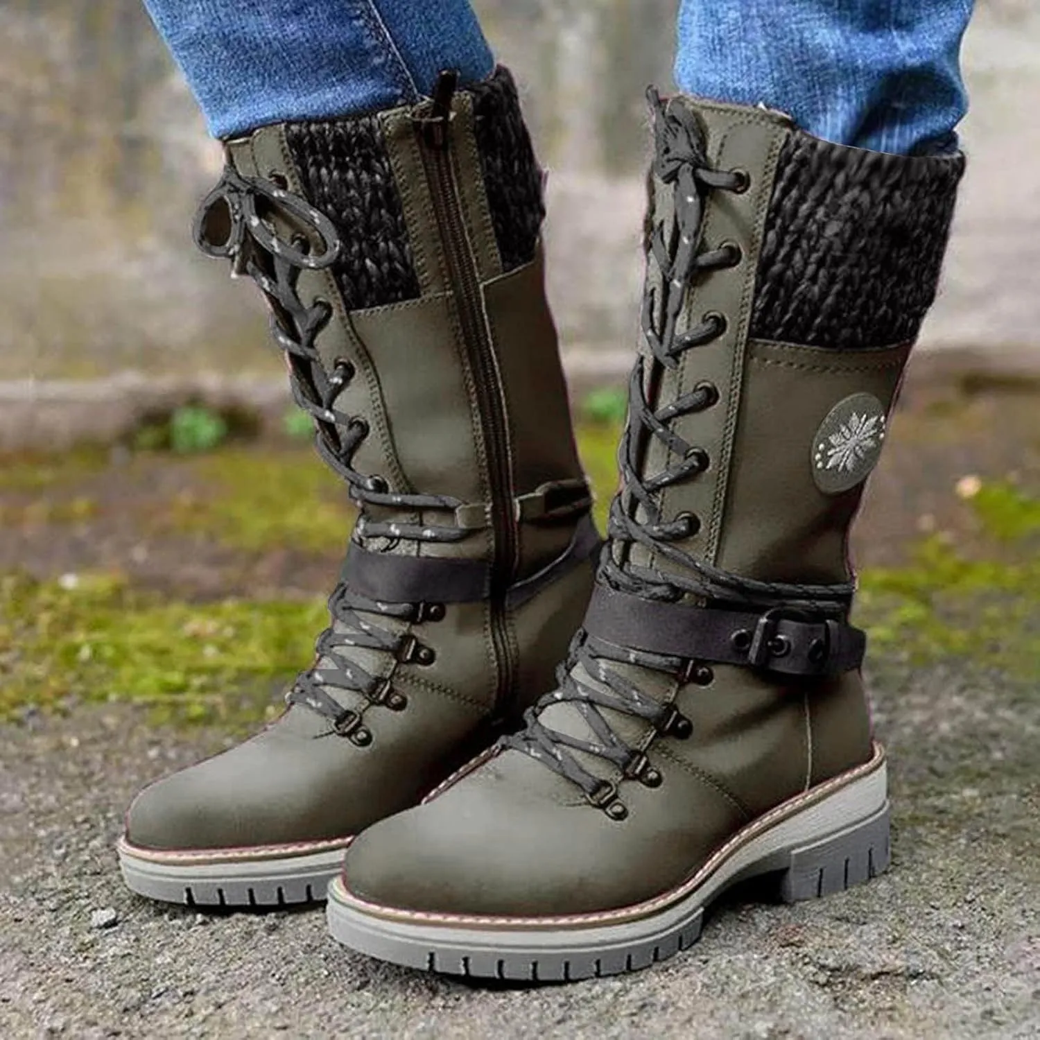 Combat Boots Womens Wide Calf Knee High Boots for Women Belt Buckle Woolen Mouth Square Heel Lace-Up Mid Calf Boots