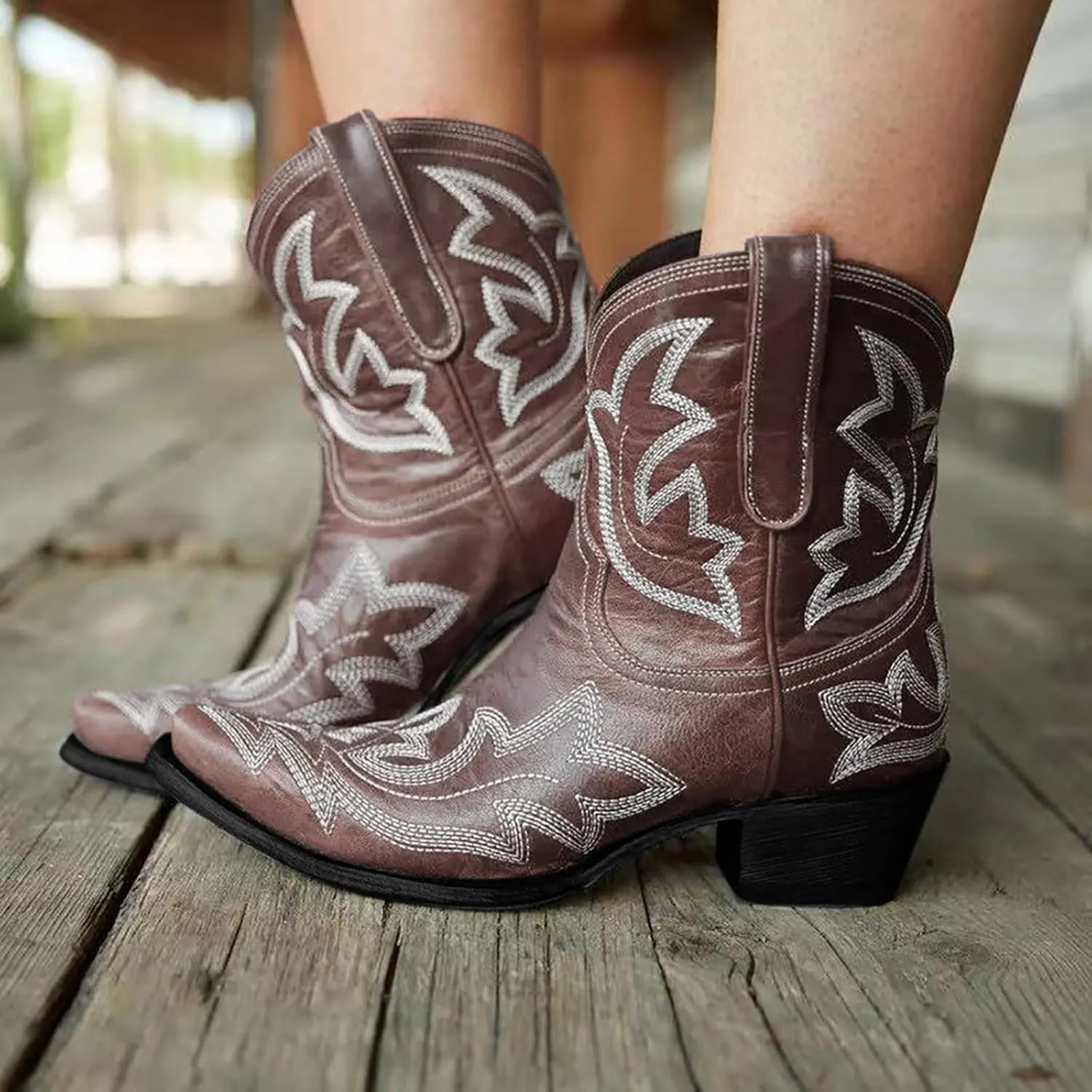 Cowboy Boots for Women Ankle Boots for Women Comfy Vintage Women's Leather Non-Slip Low Heel Pull-On Rider Boots